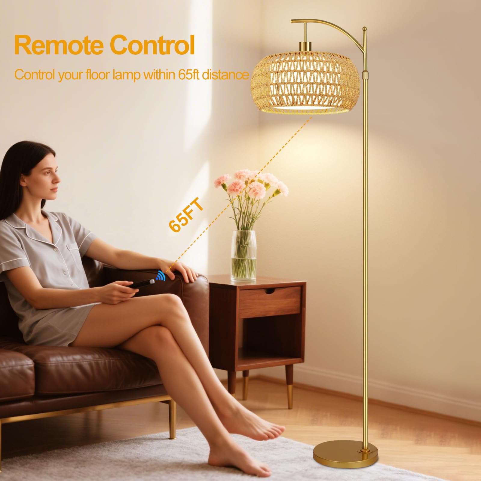 ZECOXOL Gold Rattan Floor Lamp with Remote Control, Dimmable, 12.28" Tall, Wicker Shade, Arc Design for Living Room & Bedroom