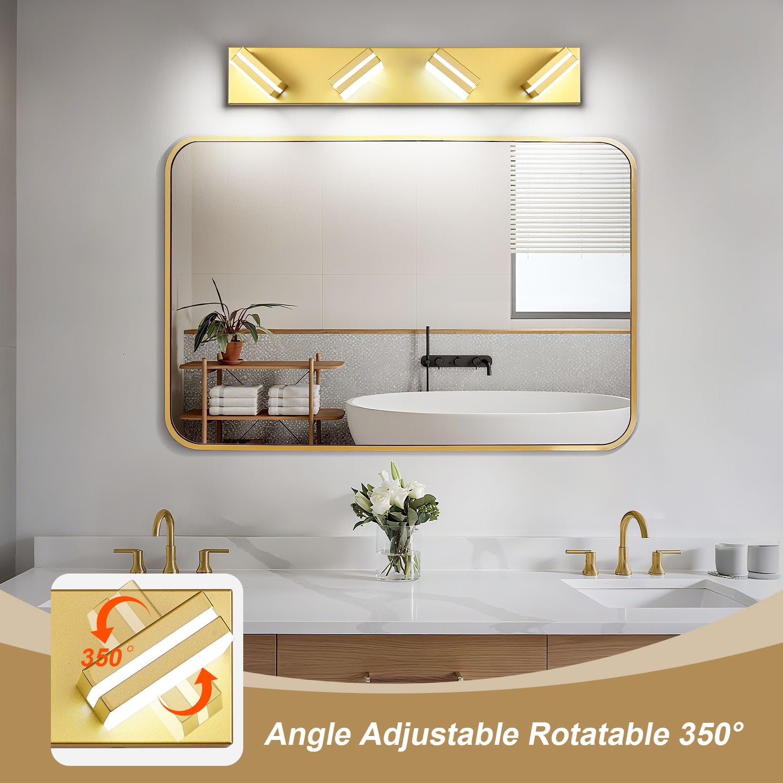 Jzekvn Modern Led Bathroom Lights Fixtures(4-Light) Metal Gold Acrylic Wall Lighting Vanity Lights For Bathroom Over Mirror(6000K 27In