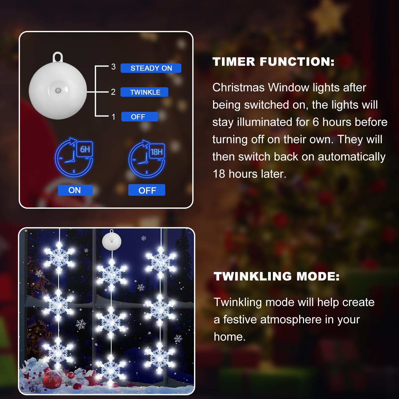 Lyubasa [Timer 3Pcs Christmas Window Lights Decorations, Battery Powered Christmas Window Hanging White Lighted Snowflake Shaped Led Sucker String Lamp For Xmas Tree Fireplace Window Indoor Decor