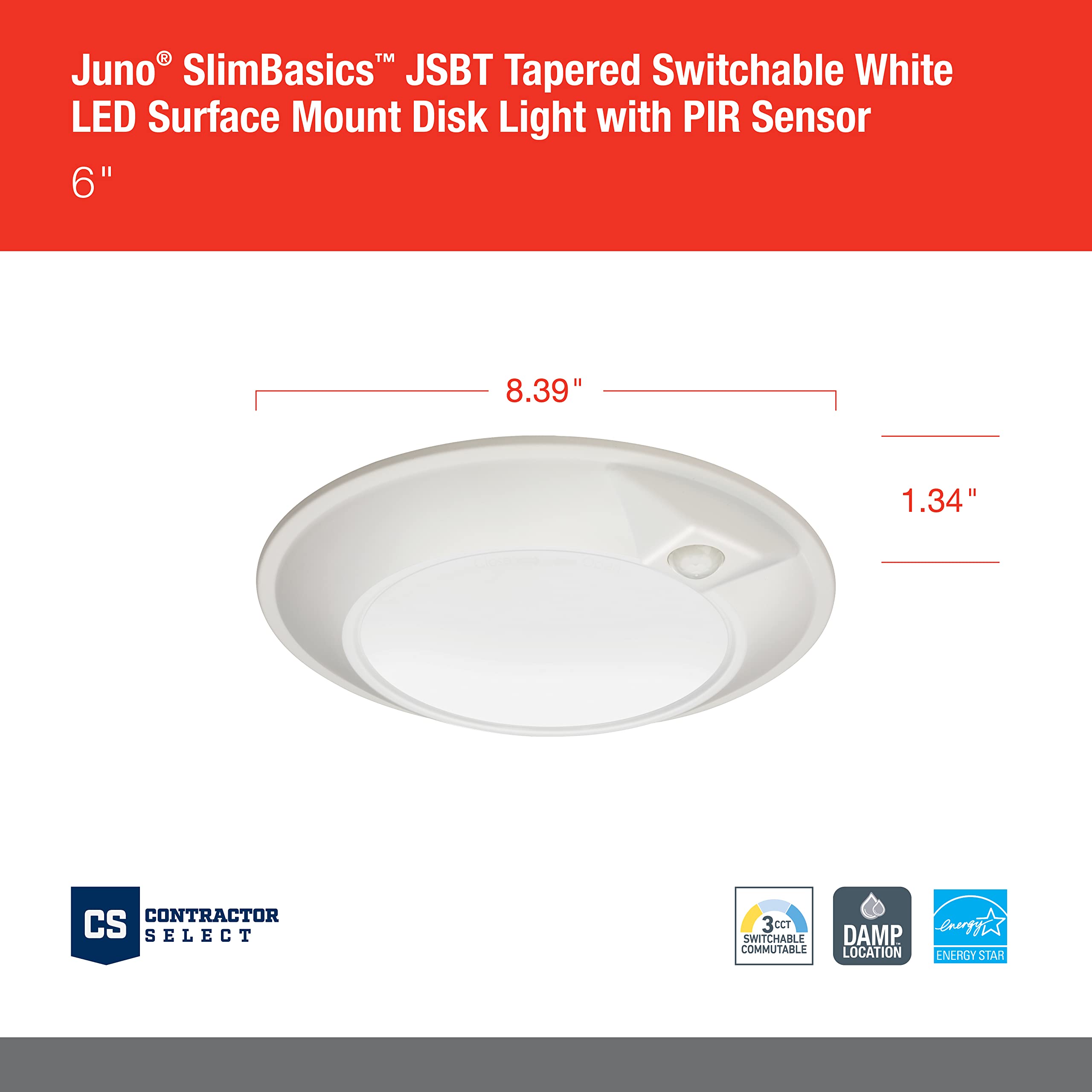 Juno Jsbt 6-Inch Slimbasics Tapered Disk Downlight, Switchable + Pir Sensor, White (1 Pack)