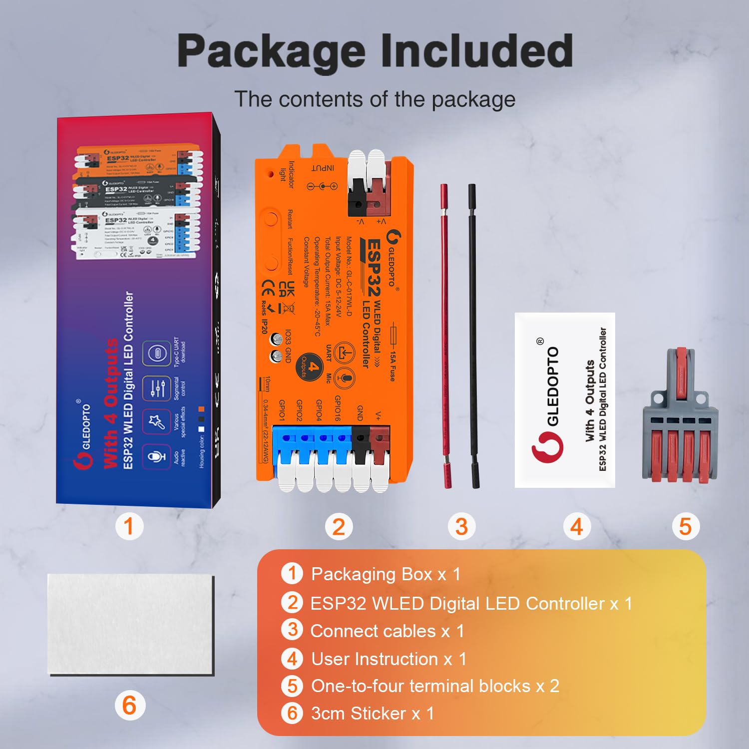 Sogledwow ESP32 WLED LED Strip Light Controller 4 Channel 15A Orange - DIY Voice Control for WS2811 WS2812 WS2815 SK6812