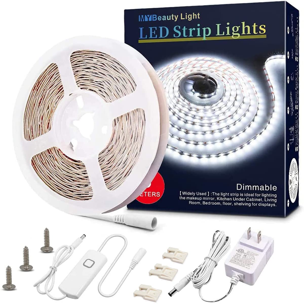MY BEAUTY LIGHT White LED Band Lights 16.4ft Dimmable LED Light Band 12v Flexible LED Rope Lights Kits for Kitchen Cabinet Mirror Bedroom Party Decor
