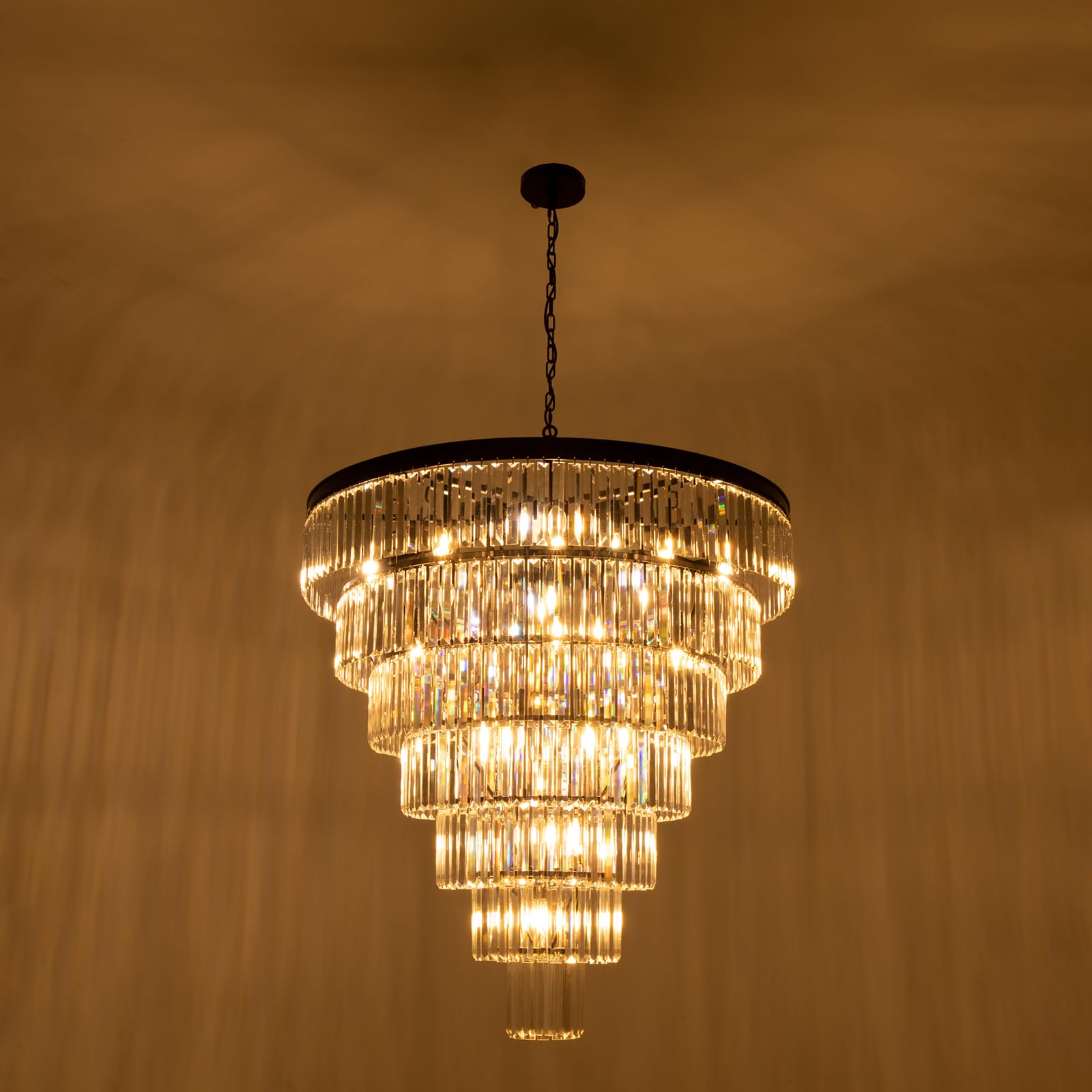 TOCHIC 40" Large Black Crystal Chandelier, 7-Tier Metal Lighting Fixture for High Ceilings, Ideal for Entryway & Living Room