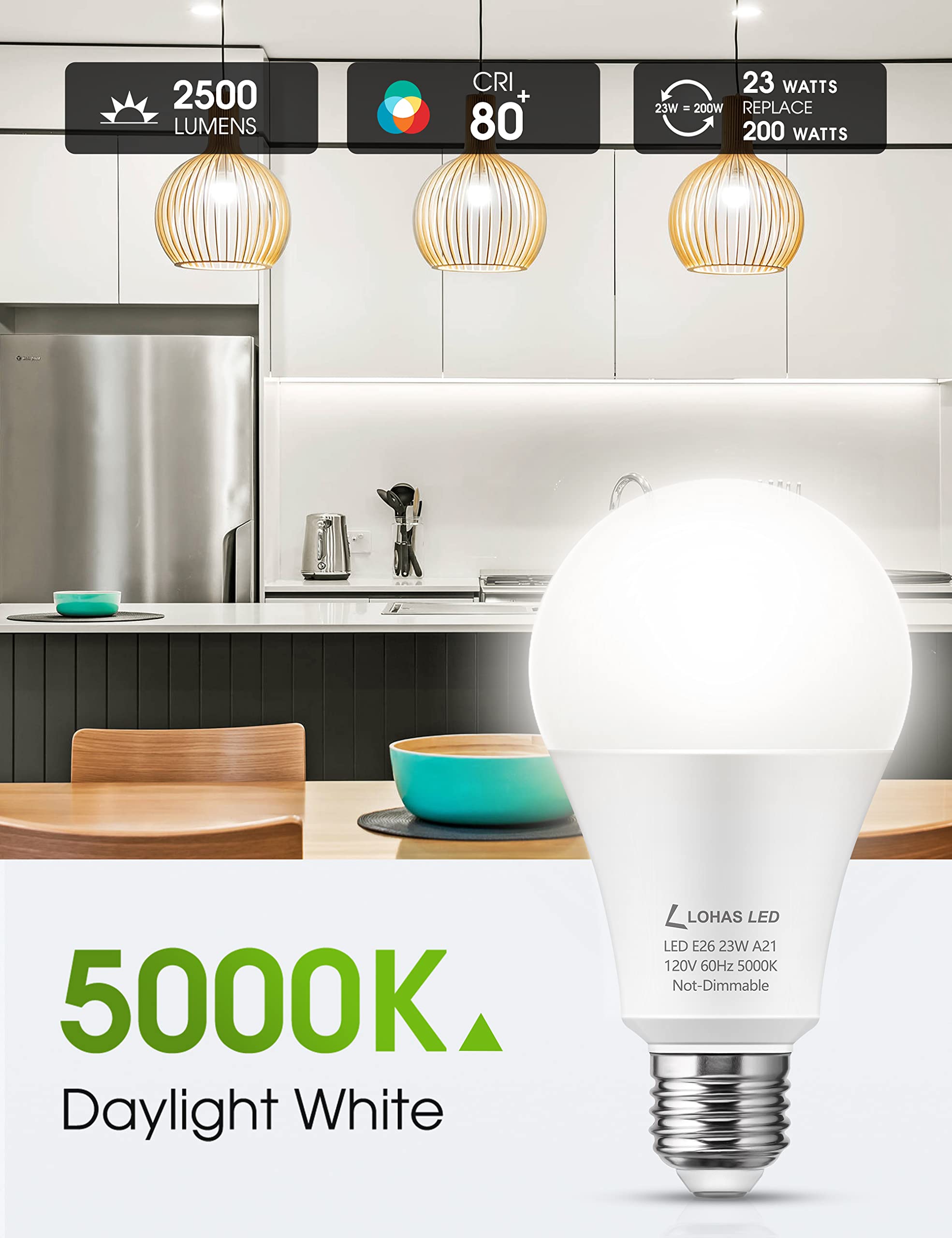 Lohas A21 Bright Led Light Bulb, 150W-200W Equivalent Led Bulbs, 23 Watt Garage Light Bulbs, Daylight 5000K, 2500 Lumen High Wat