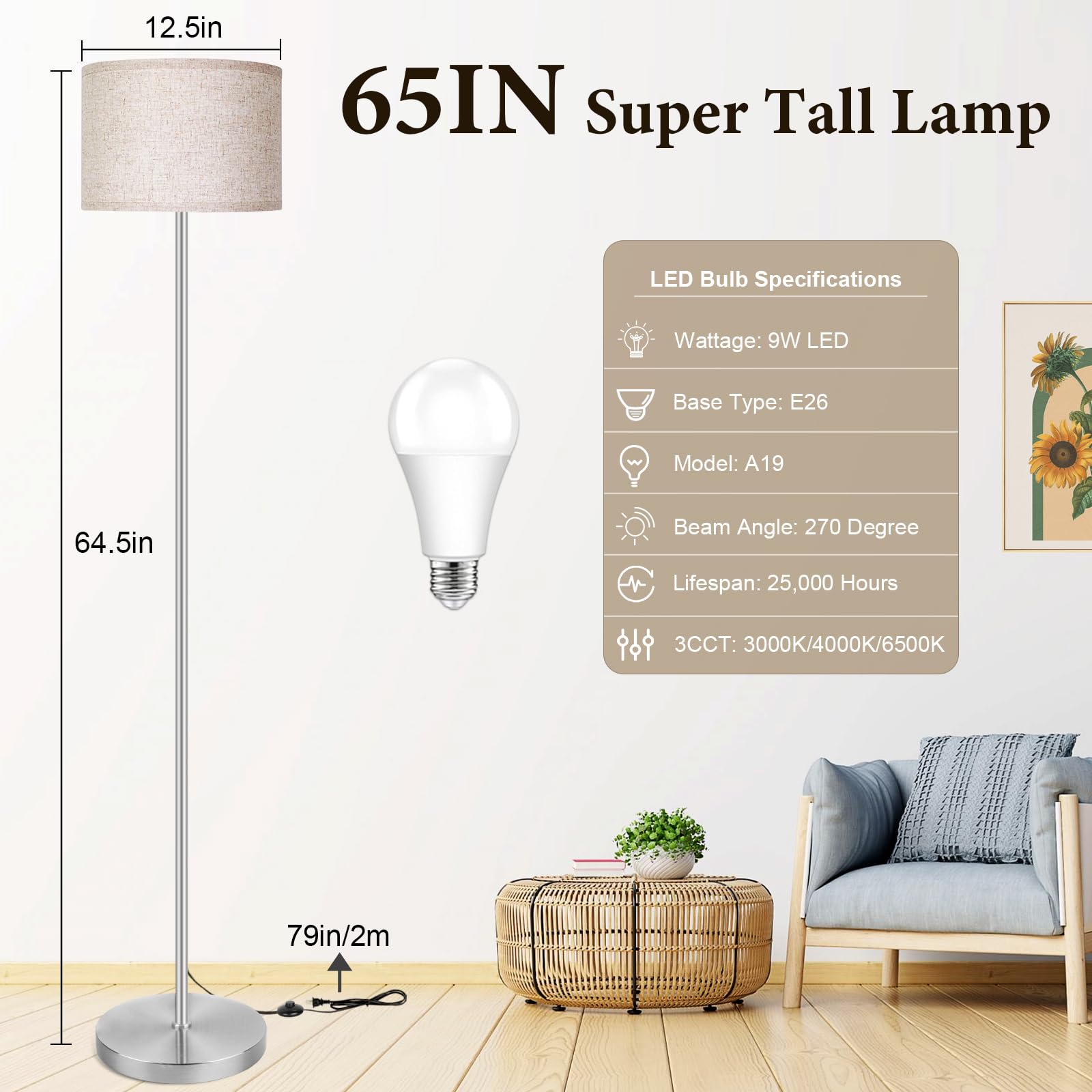 65?Modern Simple Floor Lamp Foot Switch, Silver Standing Lamp For Living Room With 3-Color Changing Led Bulb, Dimmable Led Floor