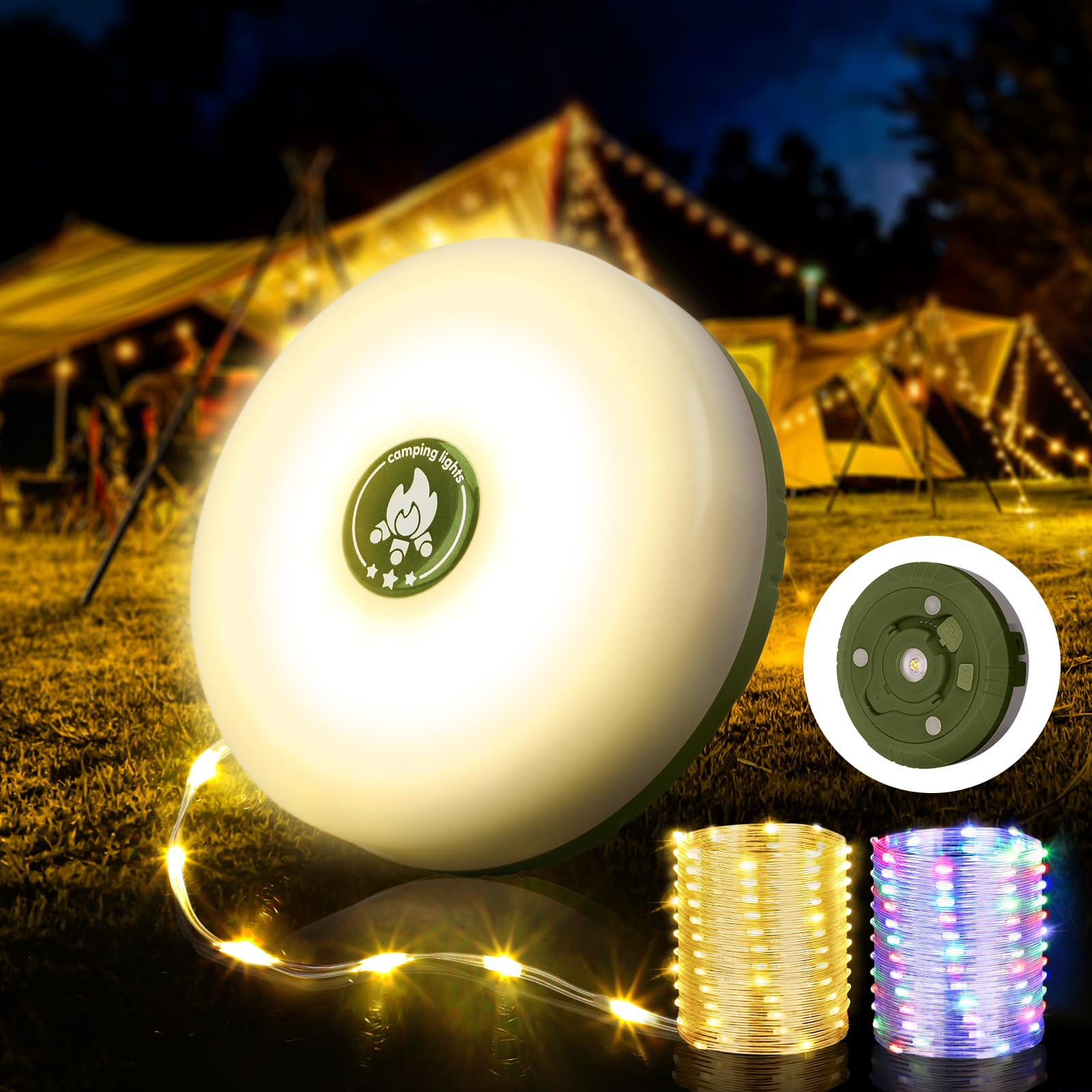 OGERY Camping String Lights, 4 in 1 Quick Storage 32.8FT Rechargeable Tent Lights String with 8 Lighting Modes, Hanging Waterproof Portable LED Lamp for Outdoor Patio Awning Garden Party Essentials