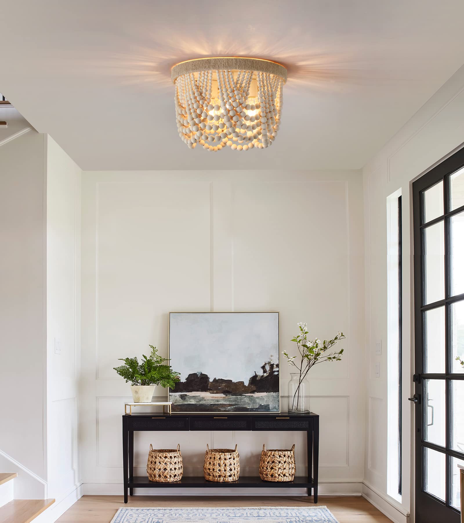 AMZASA Wood Beaded Flush Mount Ceiling Light, 3-Lights, Hemp Rope, Rustic Boho Chandelier for Bedroom, Hallway, Kitchen, Living Room