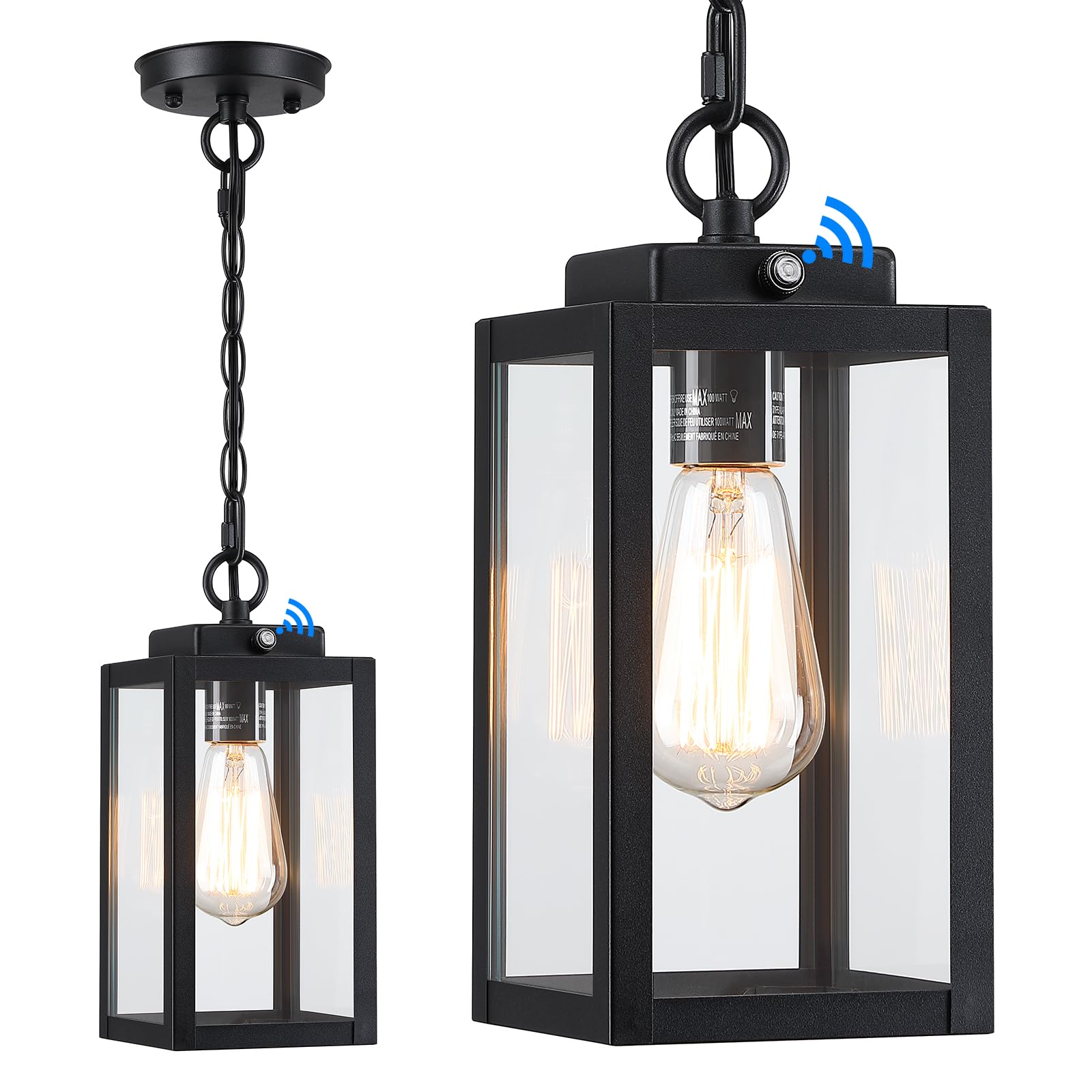 Outdoor Pendant Light, 11'' Dusk To Dawn Modern Outside Chandelier Outdoor Hanging Lantern Light, Matte Black With Clear Glass, Exterior Pendant Lighting Fixture For Porch, Yard, Gazebo, 1Pack