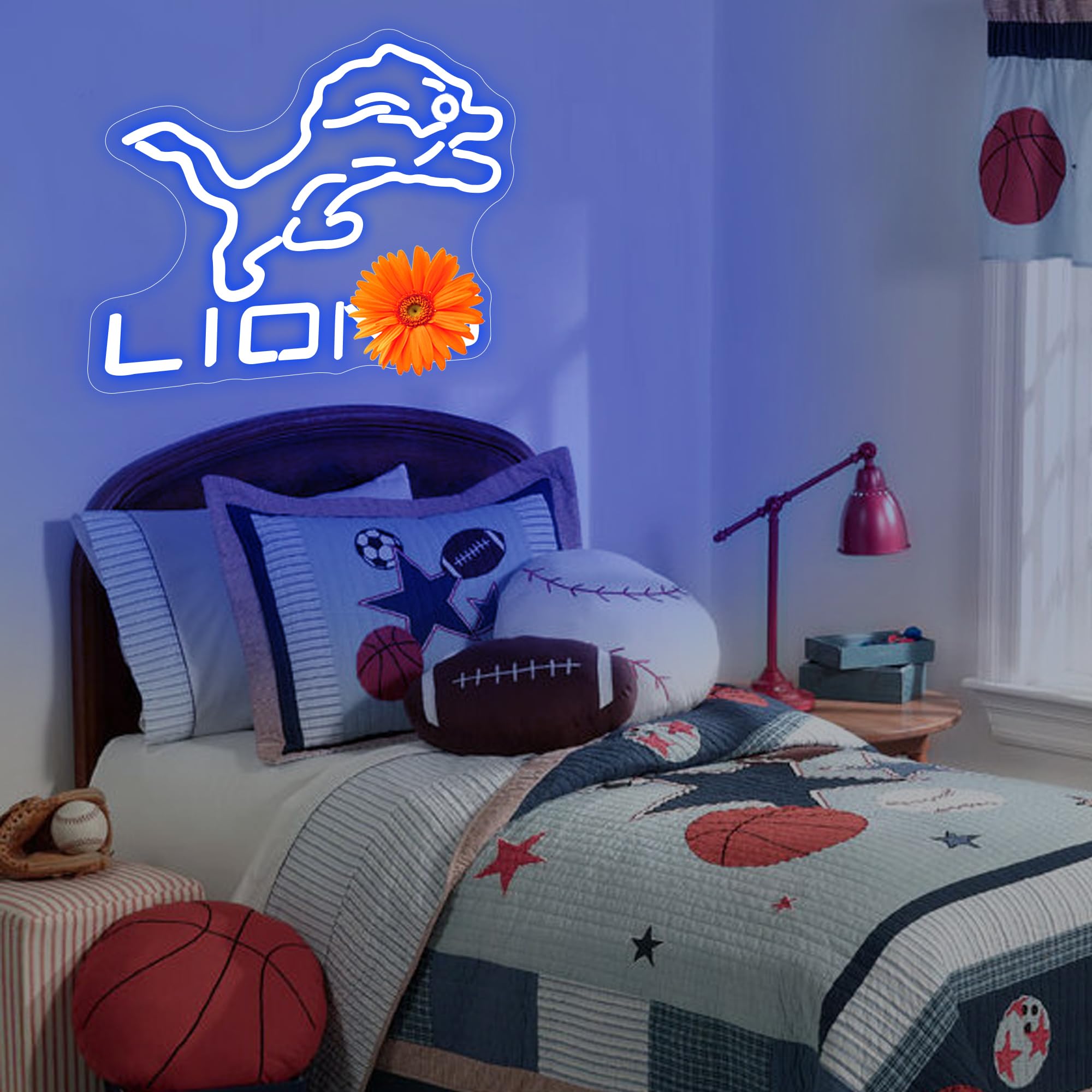 Ftmggdg Lions Neon Football Sign - Led Sports Decor Light For Man Cave, Bedroom, Club, 14.6X12.