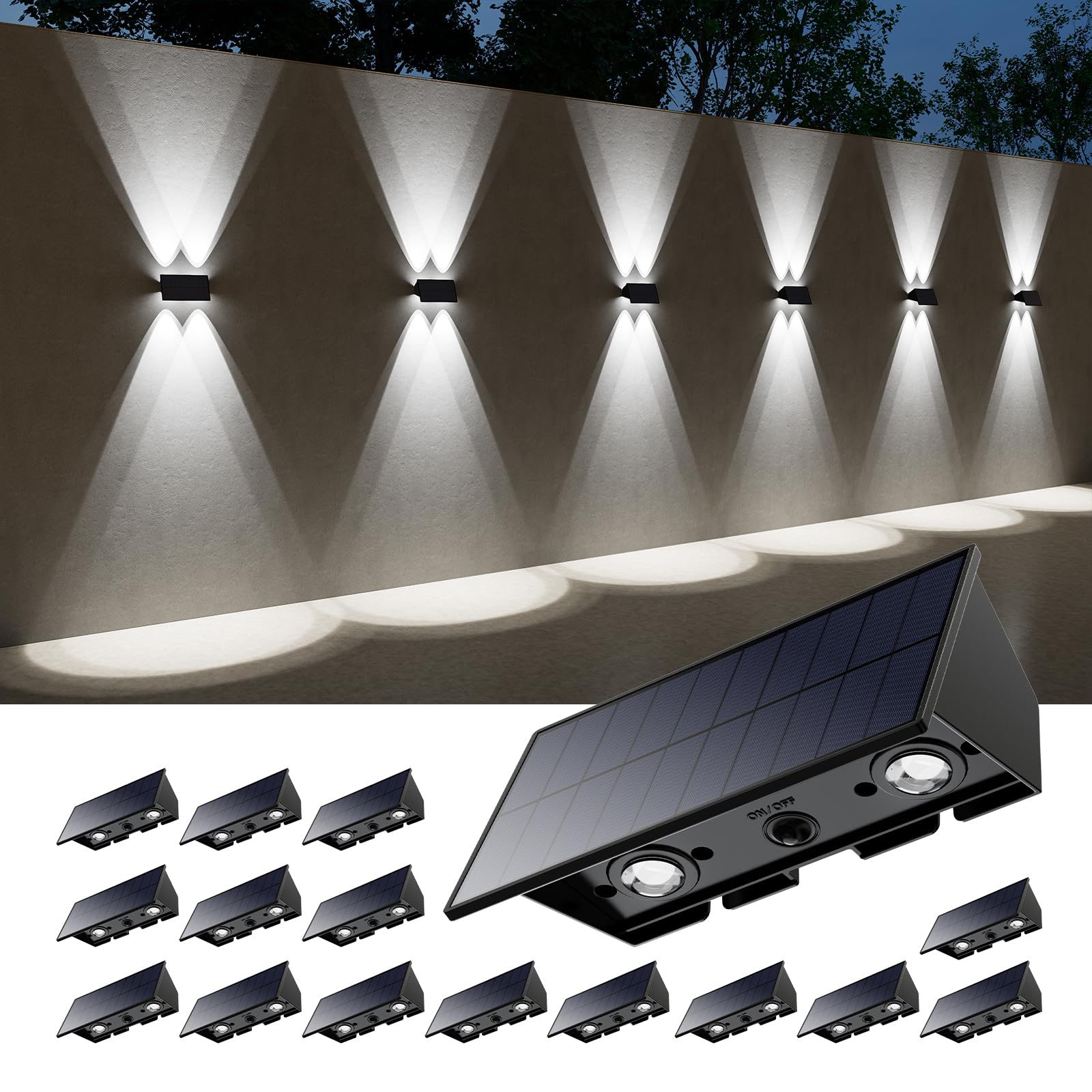 16 Pack Solar Up and Down Fence Lights Outdoor Decorative Wall Mount LED Waterproof Yard Lamps for Outside Deck, Patio, Porch, Y