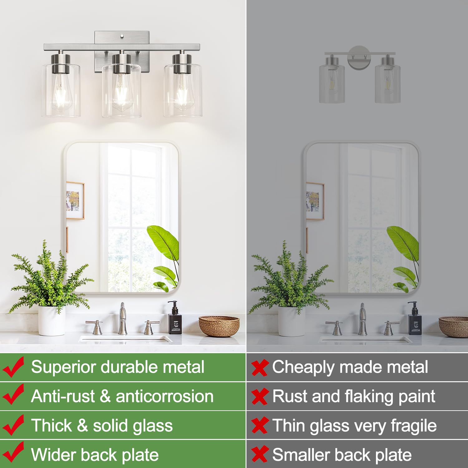 Meybiok 3-Light Bathroom Light Fixtures  Brushed Nickel Vanity Lights  Bathroom Lighting With Clear Glass Shade  Vanity Lighting Fixtures For Mirror Kitchen Bedroom Hallway Living Room