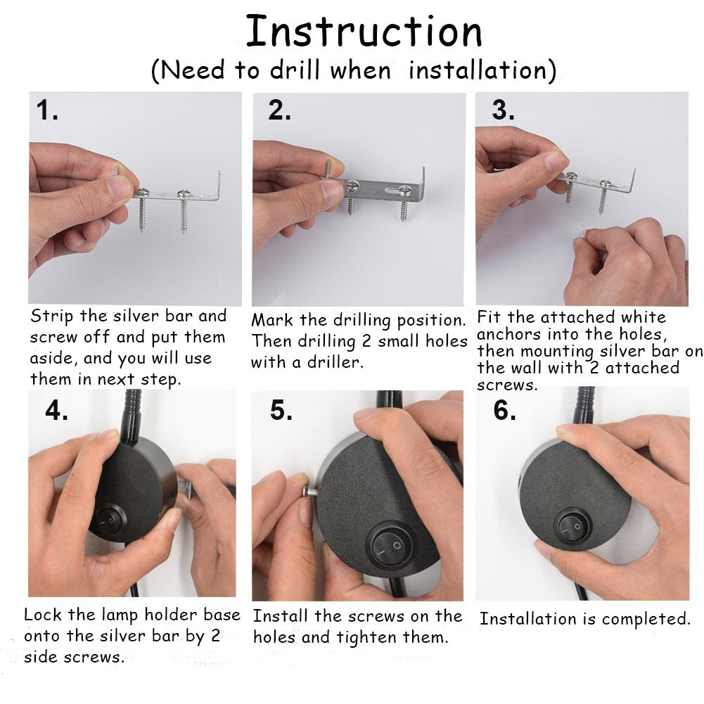 WeFoonLo 5W Wall Mounted Reading Light Flexible Gooseneck LED Sconce Lamp with Plug & Switch for Bedroom, Office, Workbench, Stu