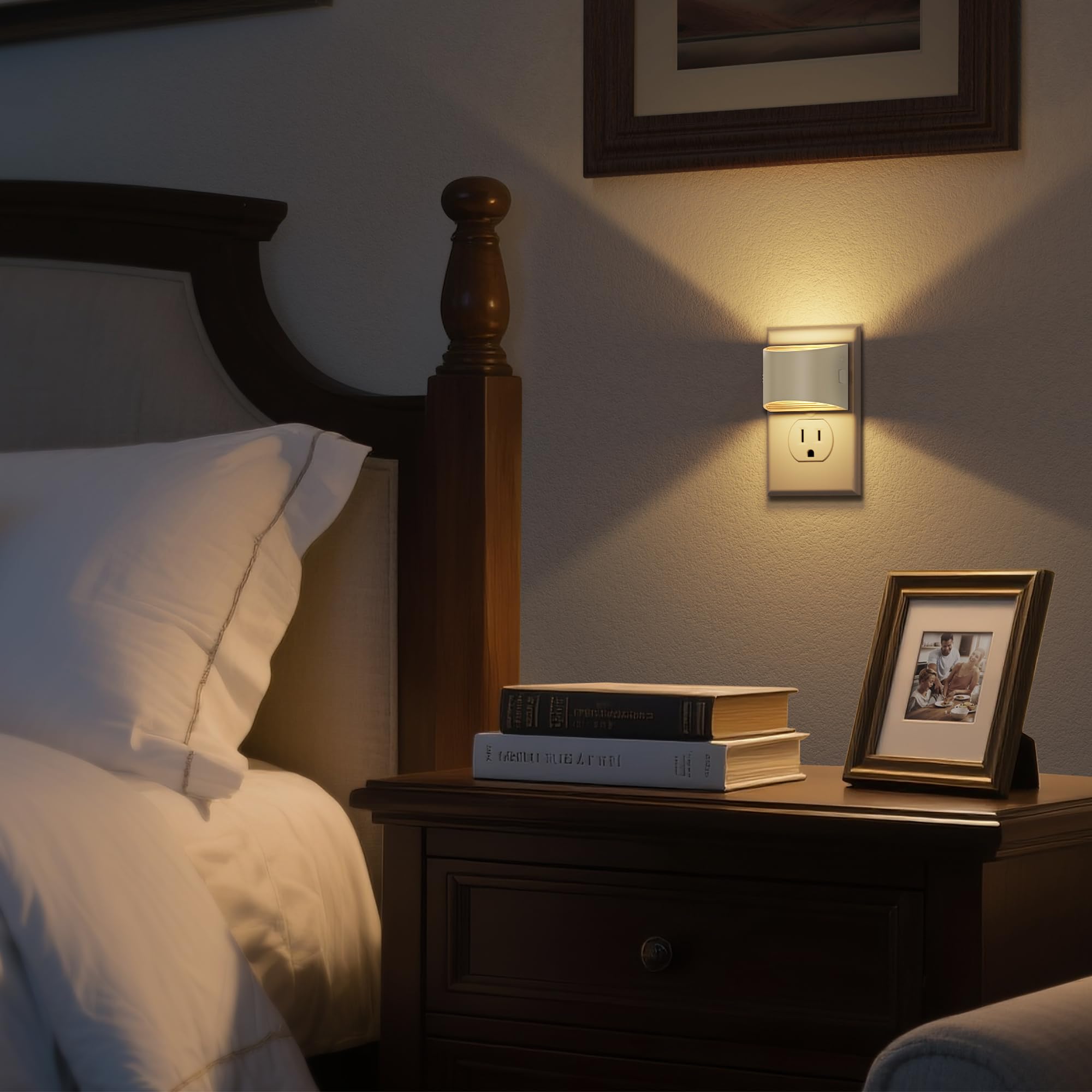 DORESshop LED Night Light 2 Pack, Adjustable Brightness, Dusk to Dawn Sensor, Warm White, Plastic, for Bedroom, Bathroom, Hallway