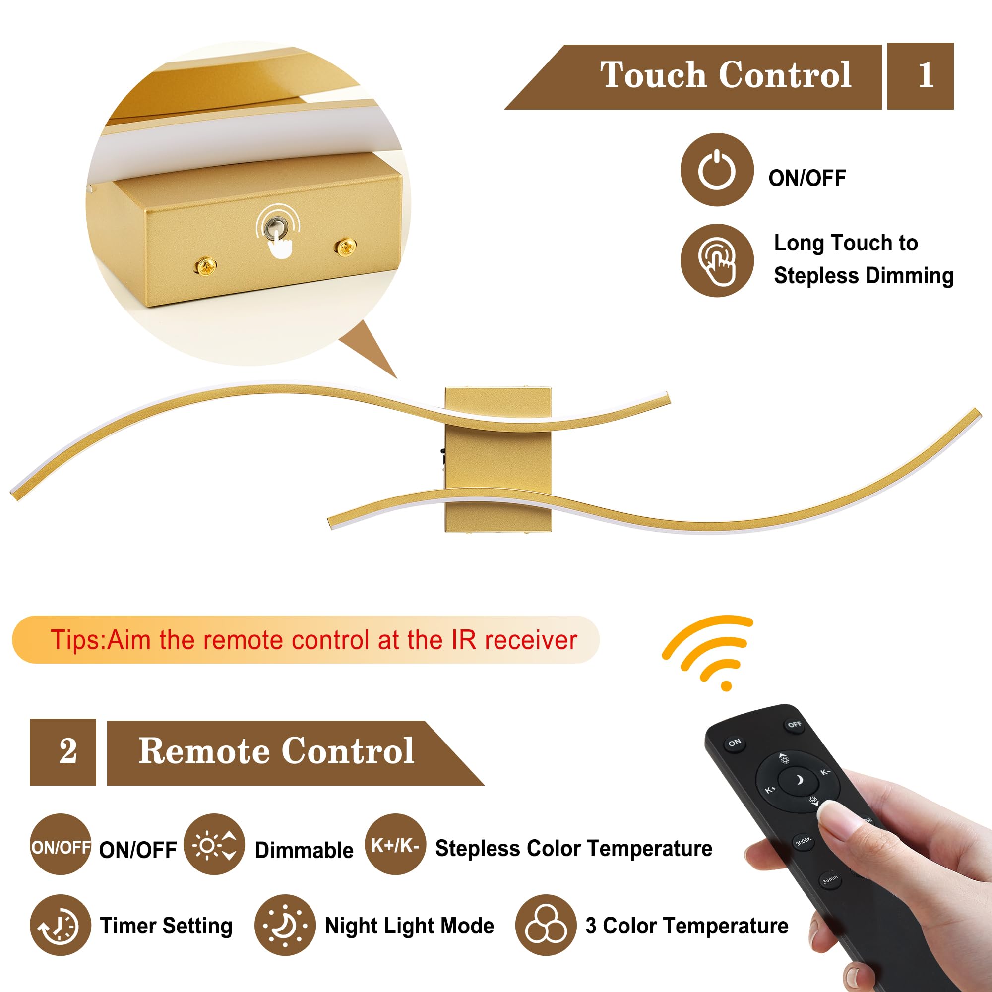 KARTOOSH Battery Operated Wall Sconce with Remote, LED Gold Light, 39.3 Inch, Stepless Colors 3000K-6000K, Model ZM319BGD