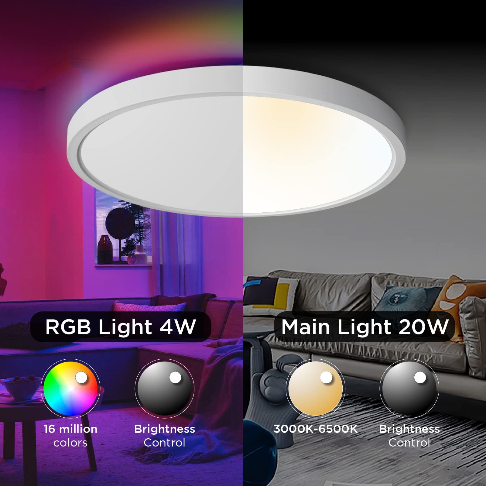 Taloya Smart Led Flush Mount Ceiling Light, 12 Dimmable 3000-6500K, White, Rgb Color Changing, Homekit/Siri Compatible, Model G2 300
