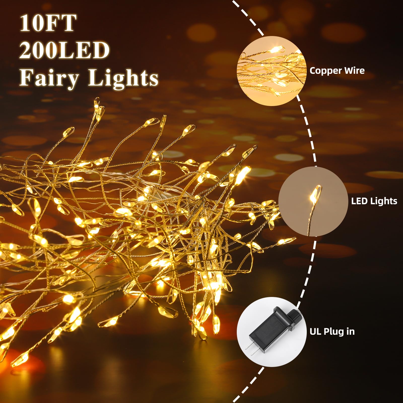 Clearzen Fairy Lights 10 Feet 200 LEDs Cluster Lights Waterproof Firecracker String Light UL Plug Power Supply with Remote 8 Lig
