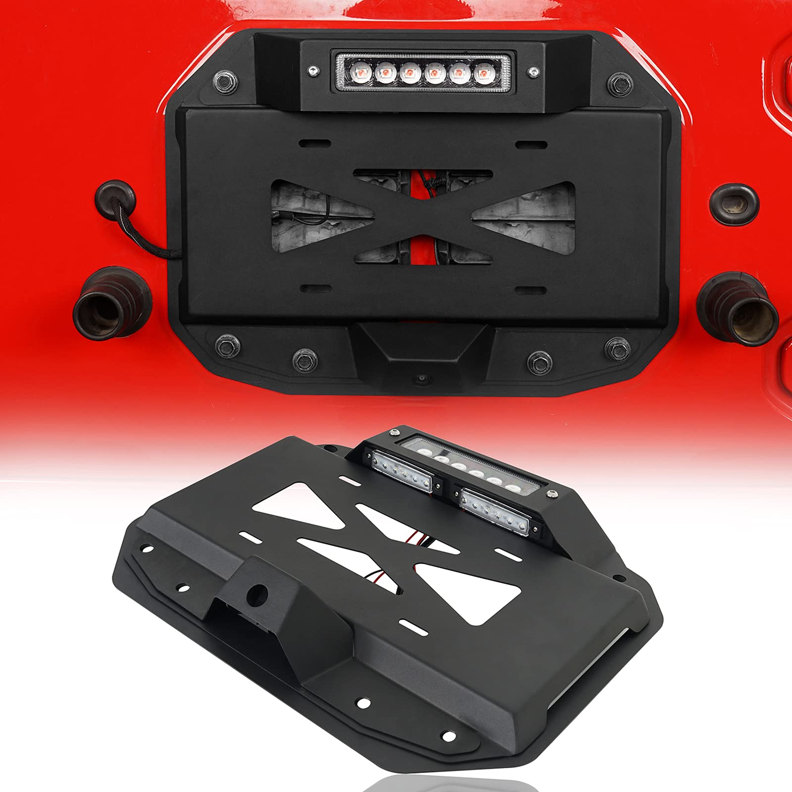 u-Box JL Wrangler Spare Tire Delete License Plate Relocation Kit w/Hole for Factory Back-up Camera & Plate Illuminate Light & Th