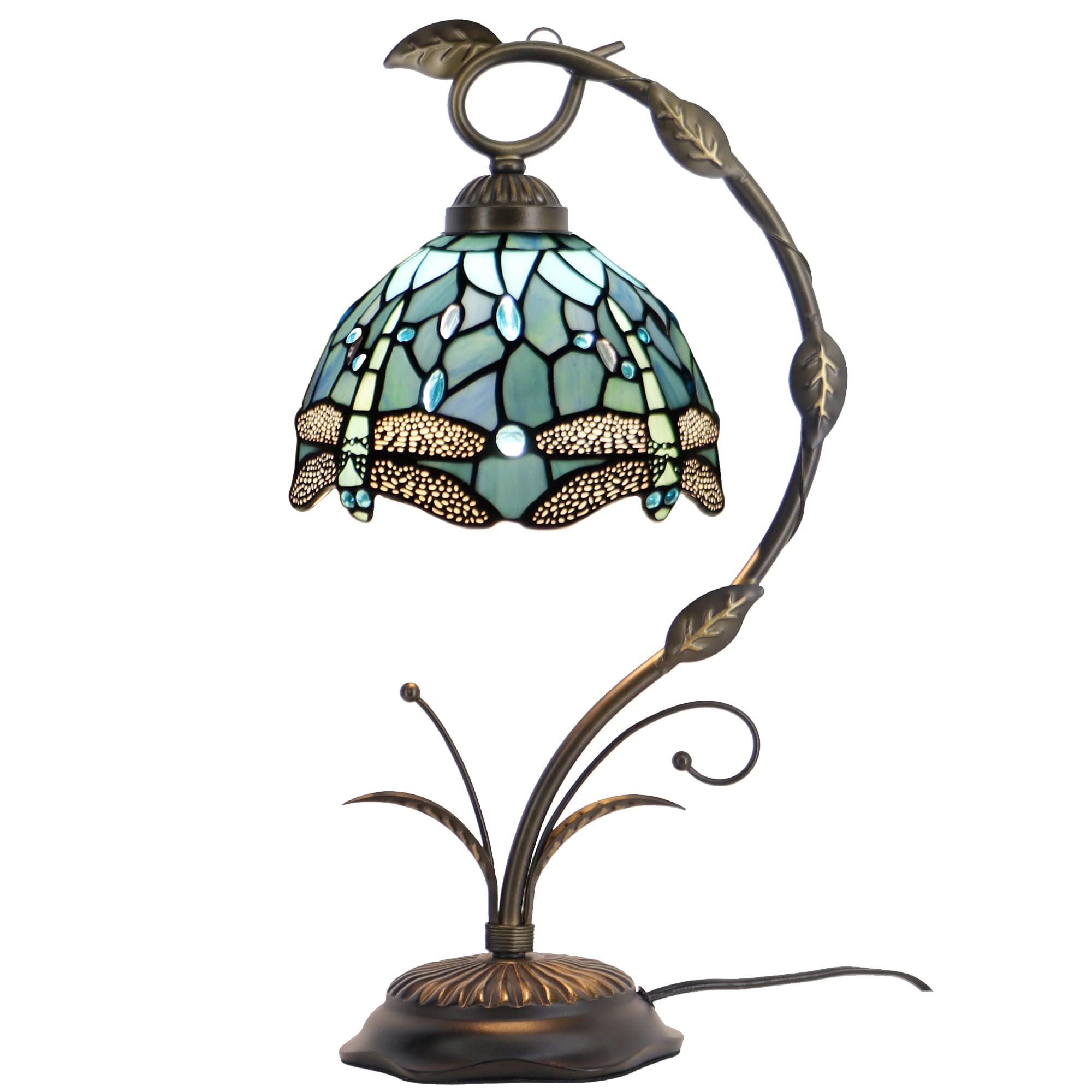 HZYFFYU Tiffany Lamp Stained Glass Table Lamp Metal Leaf Base 8X10X19 Inch Reading Desk Light (Sea Blue Dragonfly)