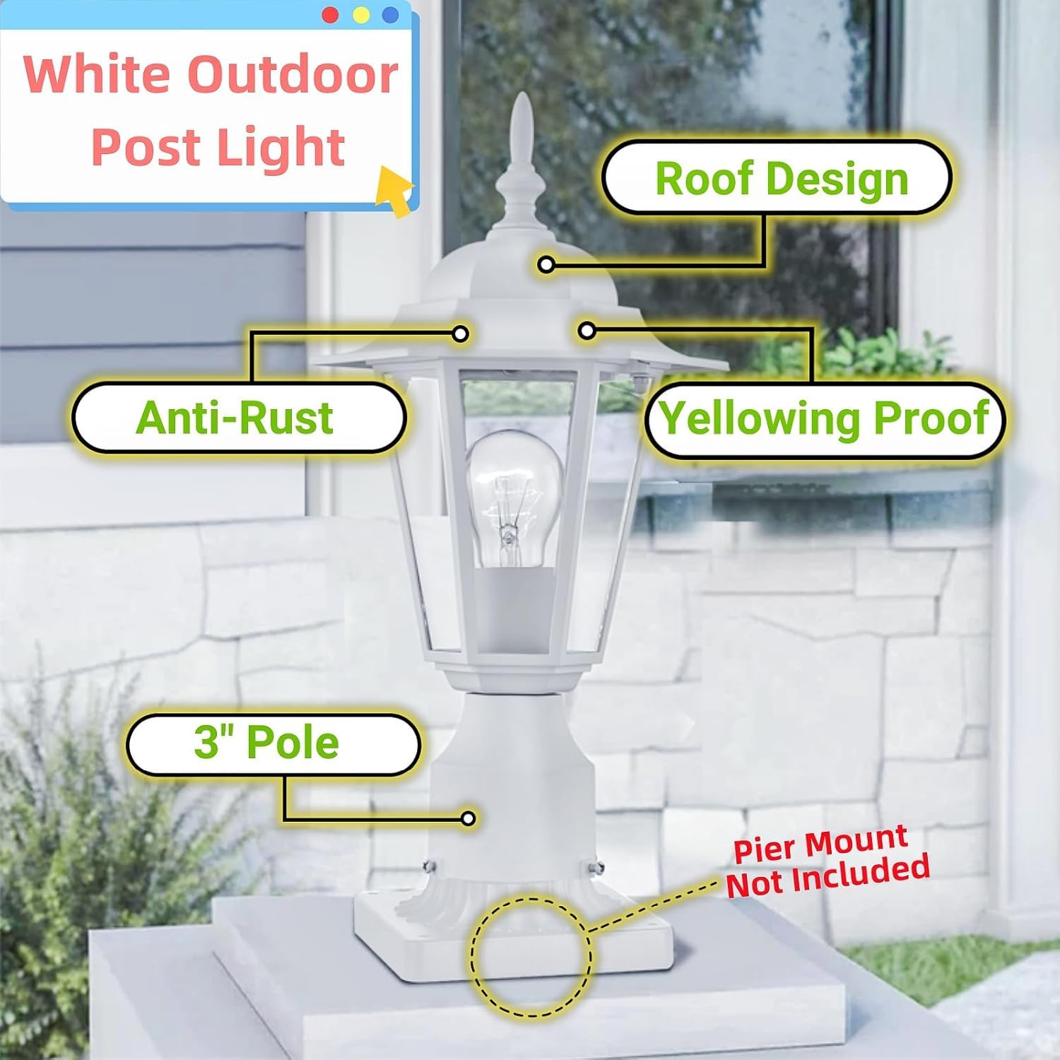 WISBEAM Outdoor Post Light, 2 Pack, E26 Base 60W Max, Aluminum & Glass, Wet Location Rated, White, Model WS-PL001