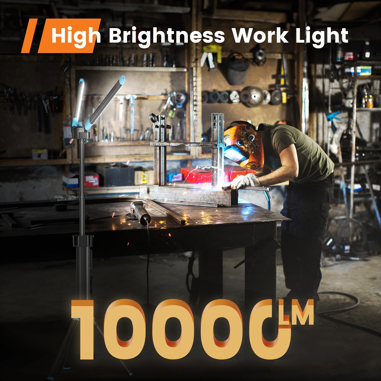 10000 Lumen Work Light With Stand, Gogonova 87'' Rechargeable Dual Power Source Led Work Light With Stand, Dual-Head Led Tripod Work Light With 1500/5000/10000 Lumen, 4000/7000K Dimmable