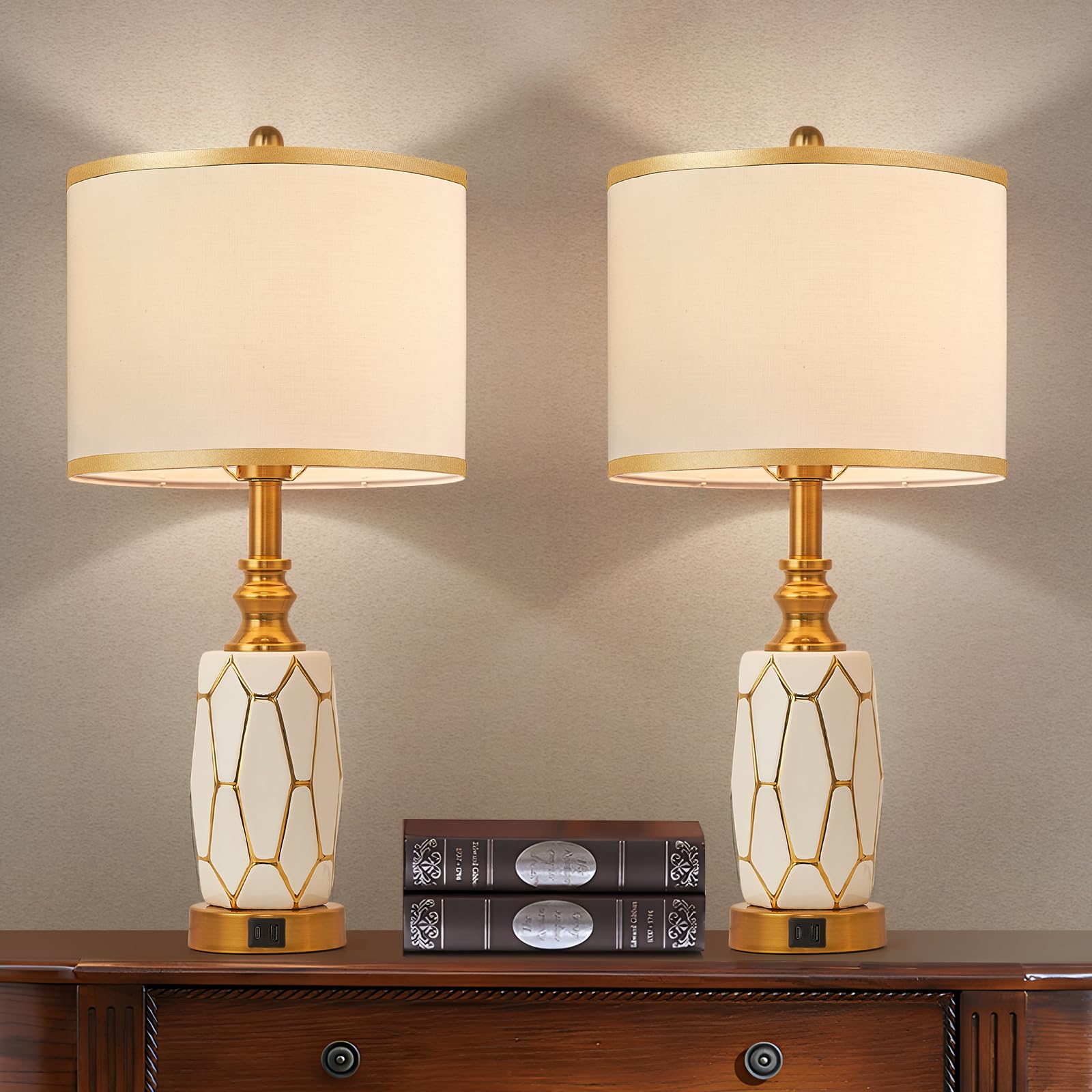 Workluurop Set Of 2 Touch Control Table Lamps, Modern Ceramic With Usb Ports, White & Gold