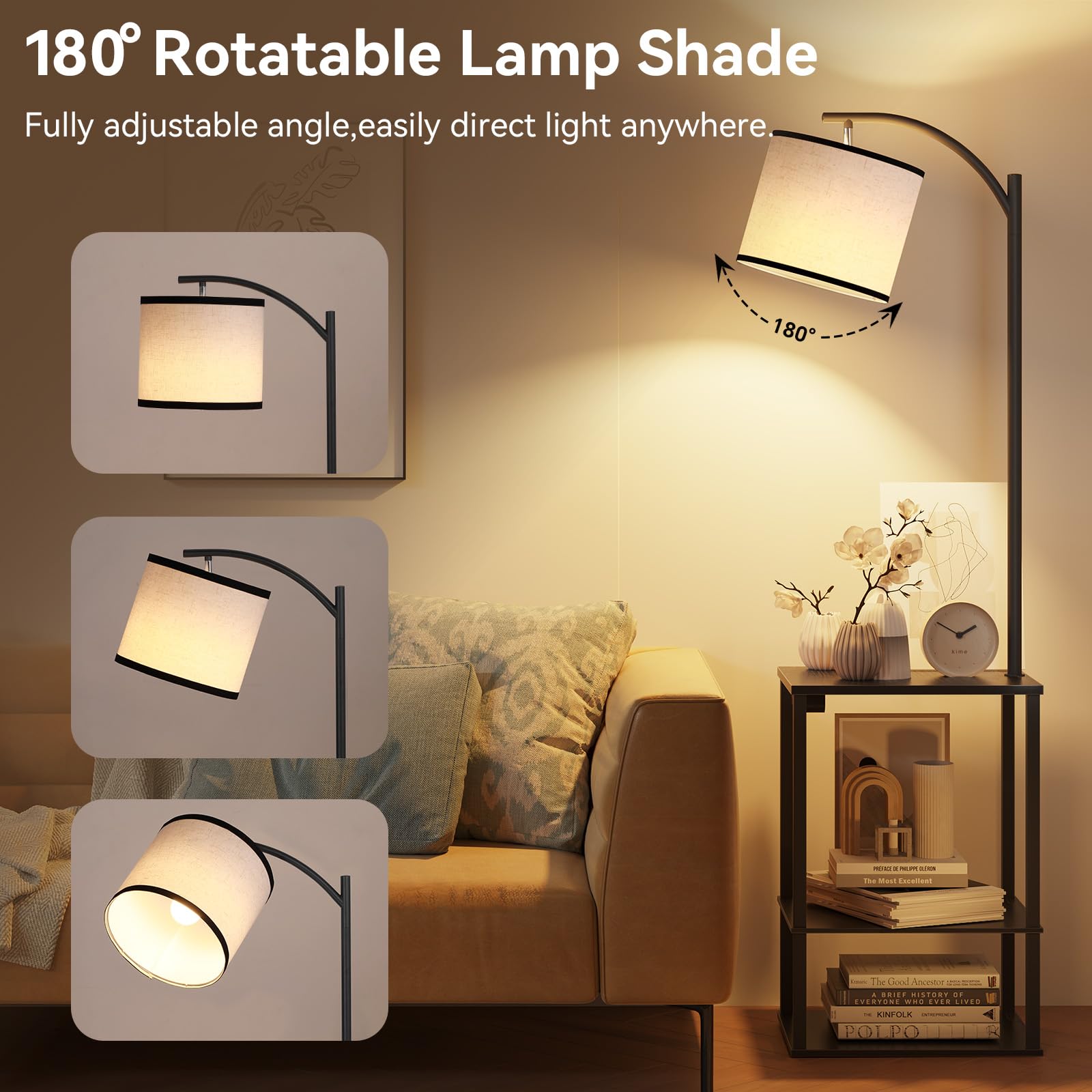SUNMORY Floor Lamp with Table, 3 Color Temperature LED, Black, 15.75x11.81x59.06 inches, Model PFL-012A, Charging Station, Modern