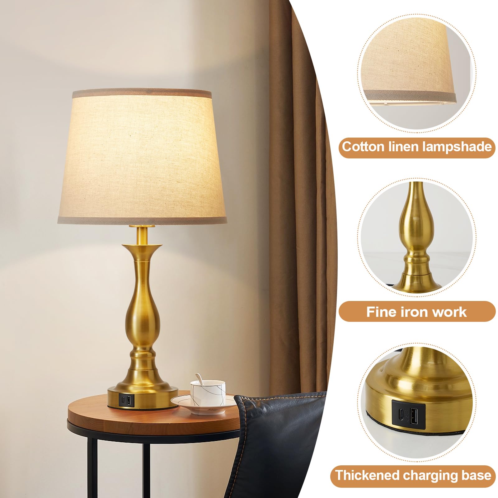 Lauag Bedside Table Lamp Set of 2 - Touch Control, 3-Way Dimmable, USB-C & USB-A, Gold, Standard Size, Metal