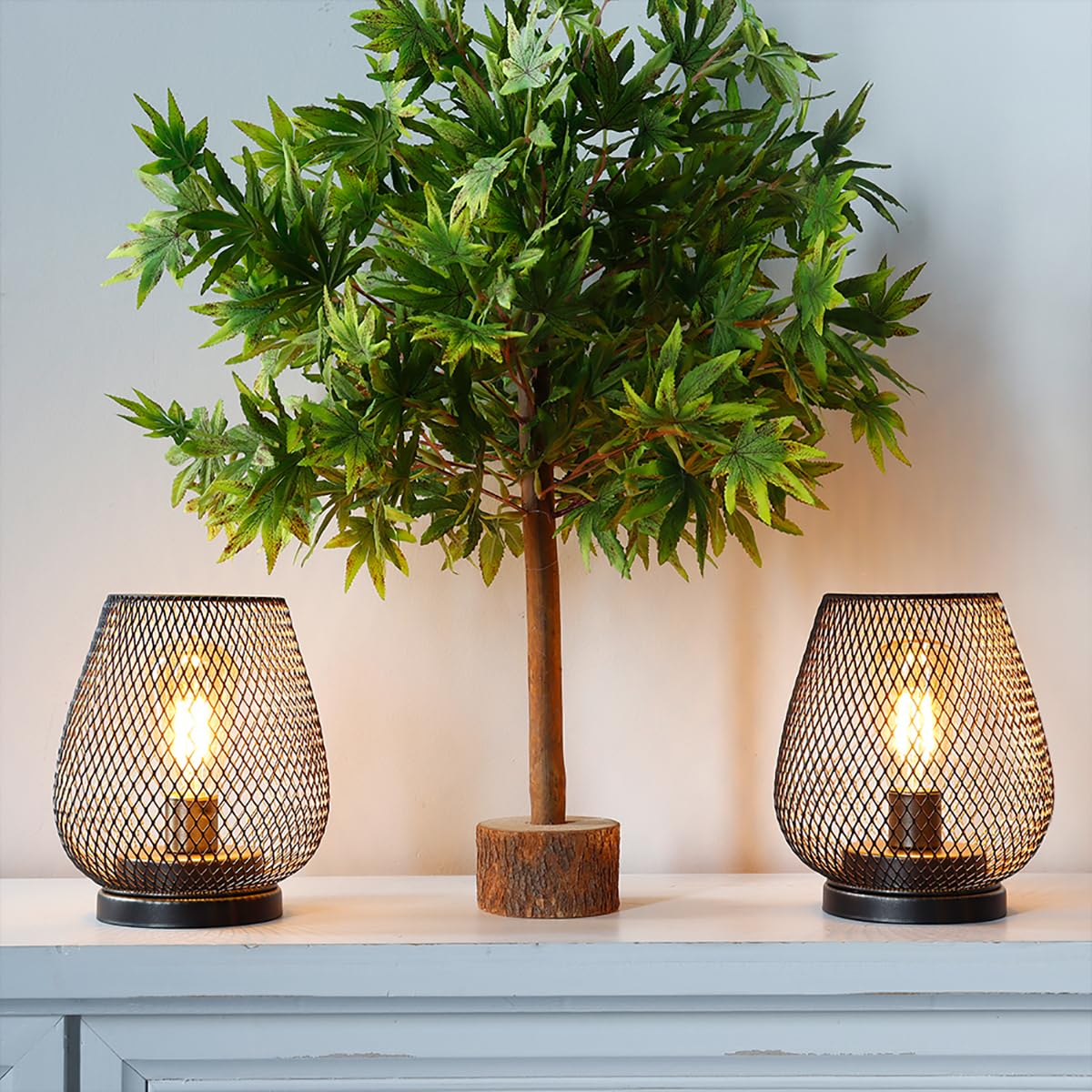 TRIROCKS Set of 2 Outdoor Lanterns, 6.5in  High, Metal, Cordless Battery Operated, LED Edison Bulb, Brown, Model TRC30602