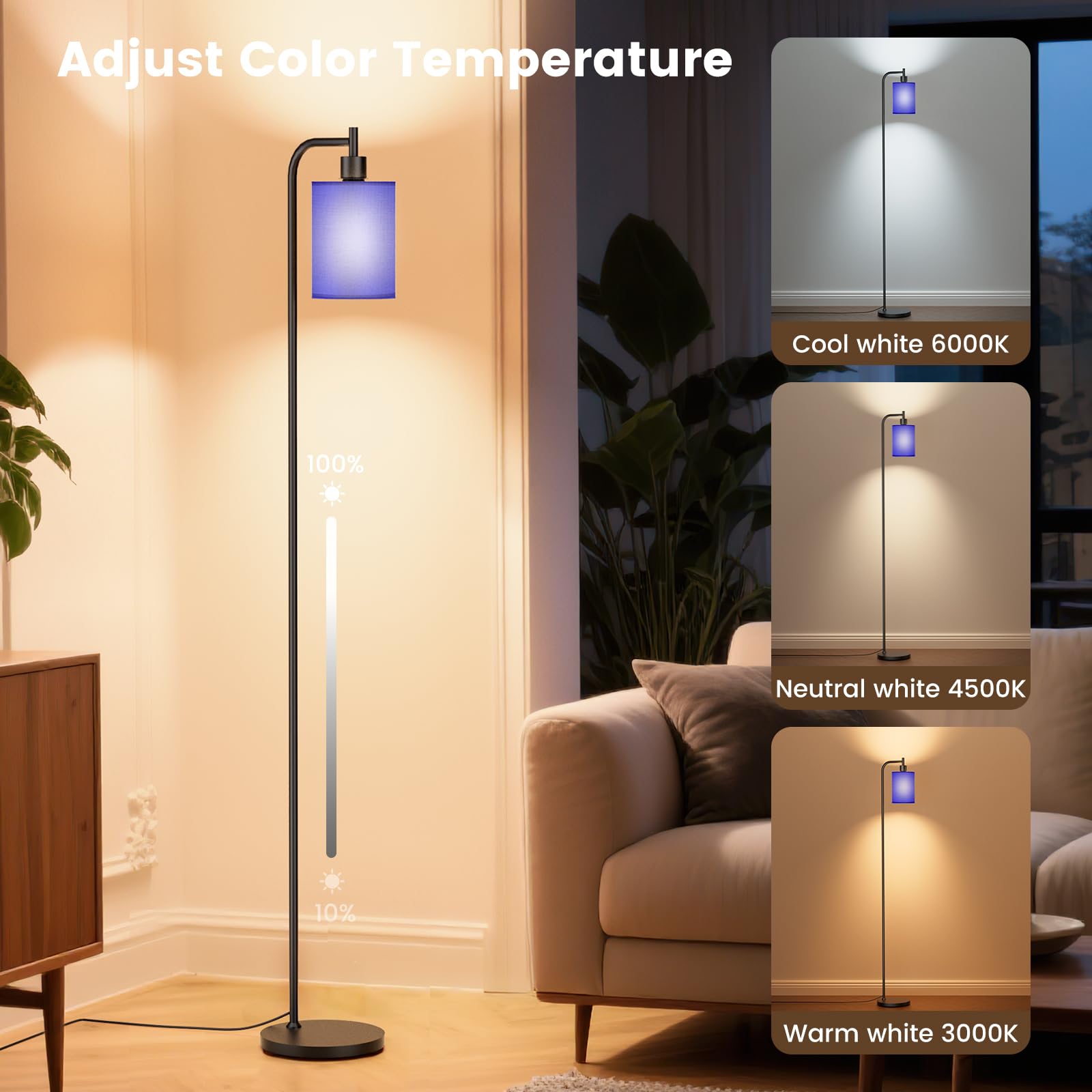 SIBRILLE Floor Lamp with Linen Shade, Dimmable, Remote Control, 3 Color Temperatures, Metal, Blue, Model BP-F072