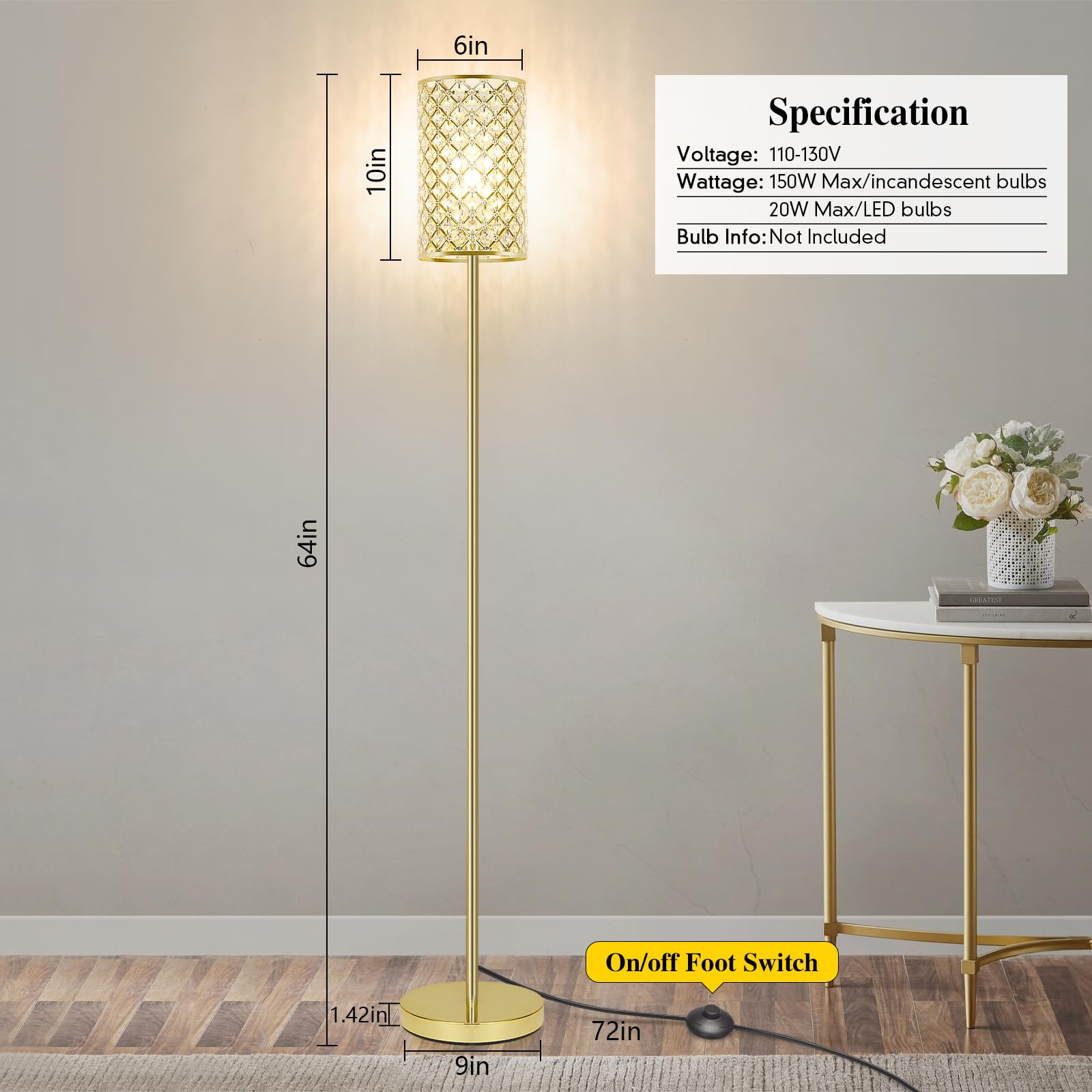 Seaside Village Gold Floor Lamp, Crystal Shade, On/Off Foot Switch, Modern Design for Living Room or Bedroom