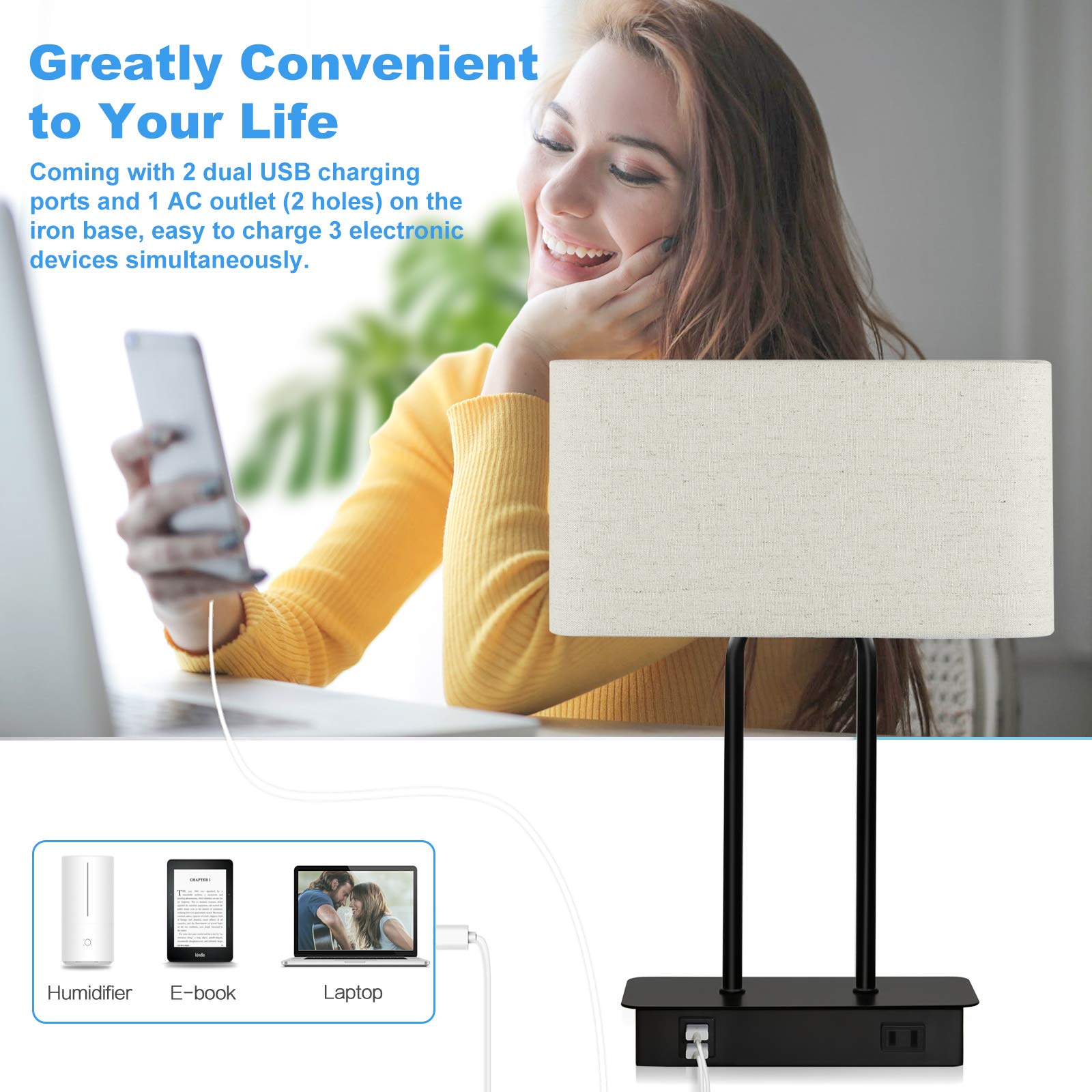 Lakumu Bedside Touch Control Lamp - 3 Way Dimmable, Dual USB Ports, Cream Fabric Shade, 1-Pack, Model T0313 BK+CL 50