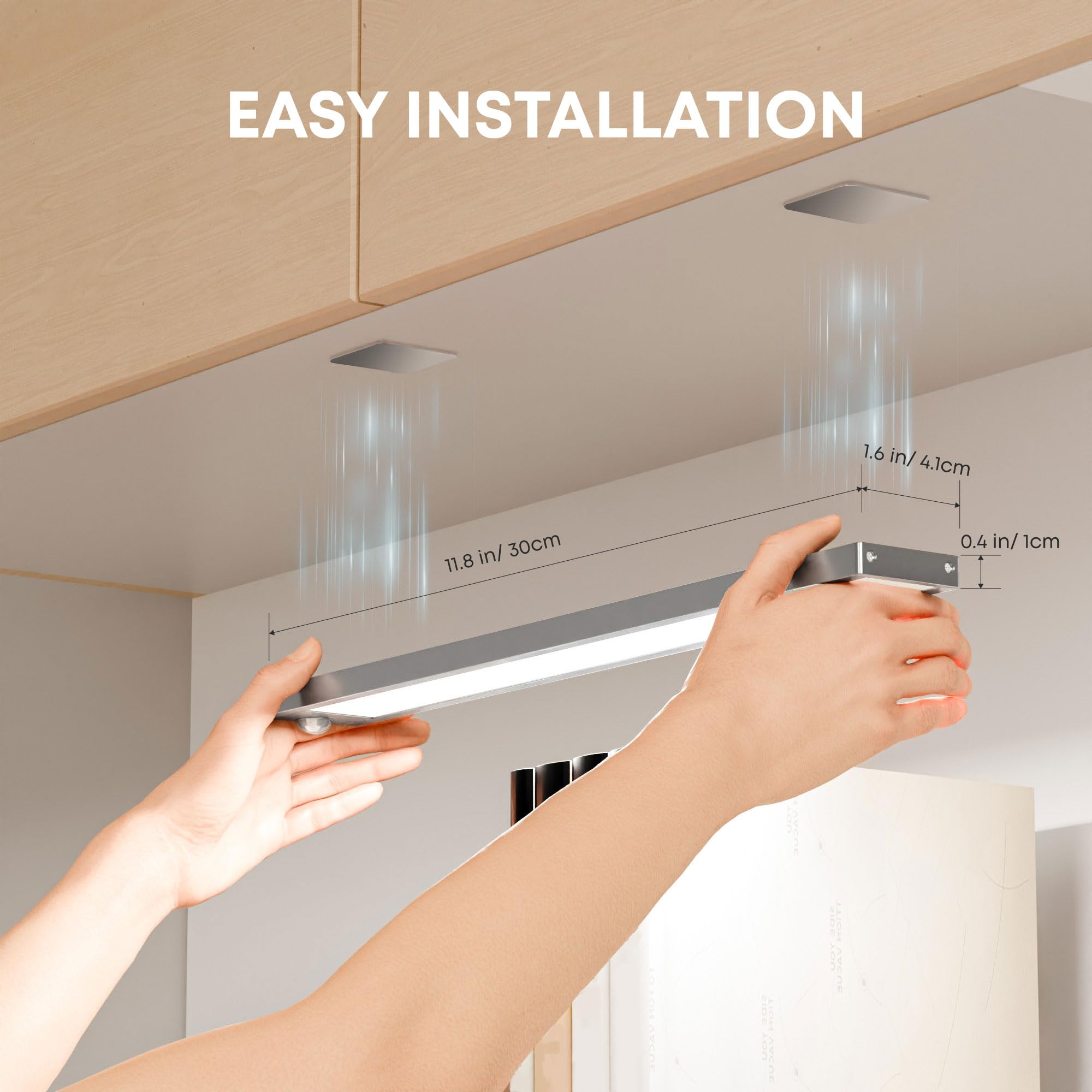 LROLTEF Under Cabinet Lights, 2 Pack Magnetic Dimmable 52 LED, 11.8" Silver Battery Operated Motion Sensor for Kitchen and Stairs