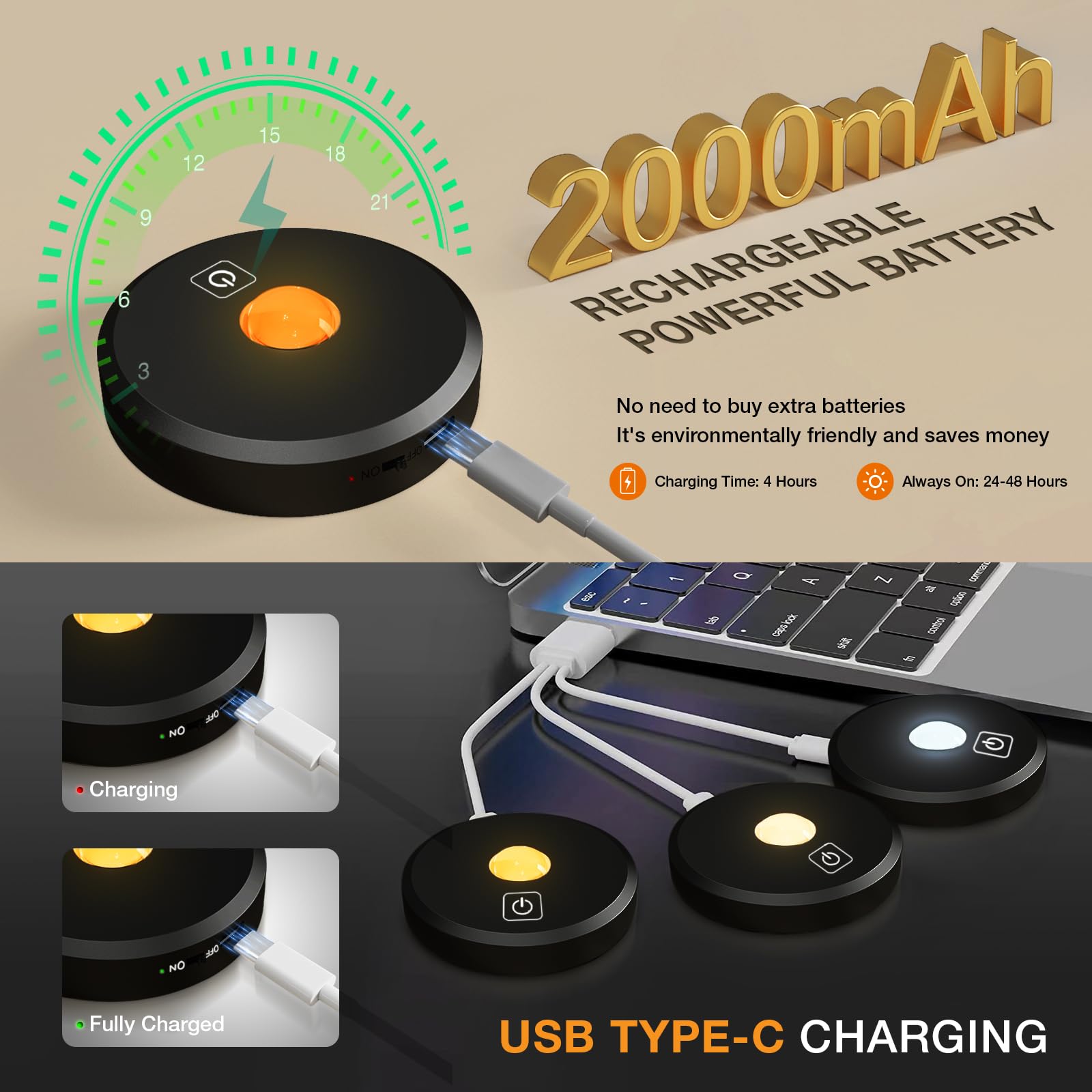 MEKKLEON Puck Lights - Wireless Under Cabinet Lighting, Rechargeable, 3 Pack, Black, Metal, Model M3-G18