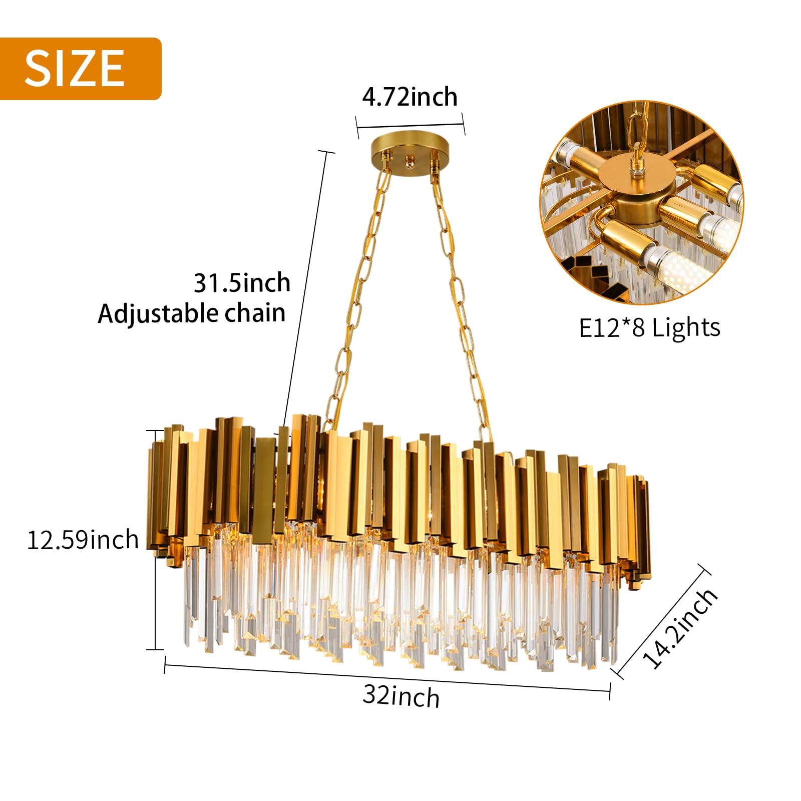 AKDXIRUN Crystal Chandelier Pendant Light Fixture, 8 Lights, Metal, Gold, 32" for Dining Room & Living Room