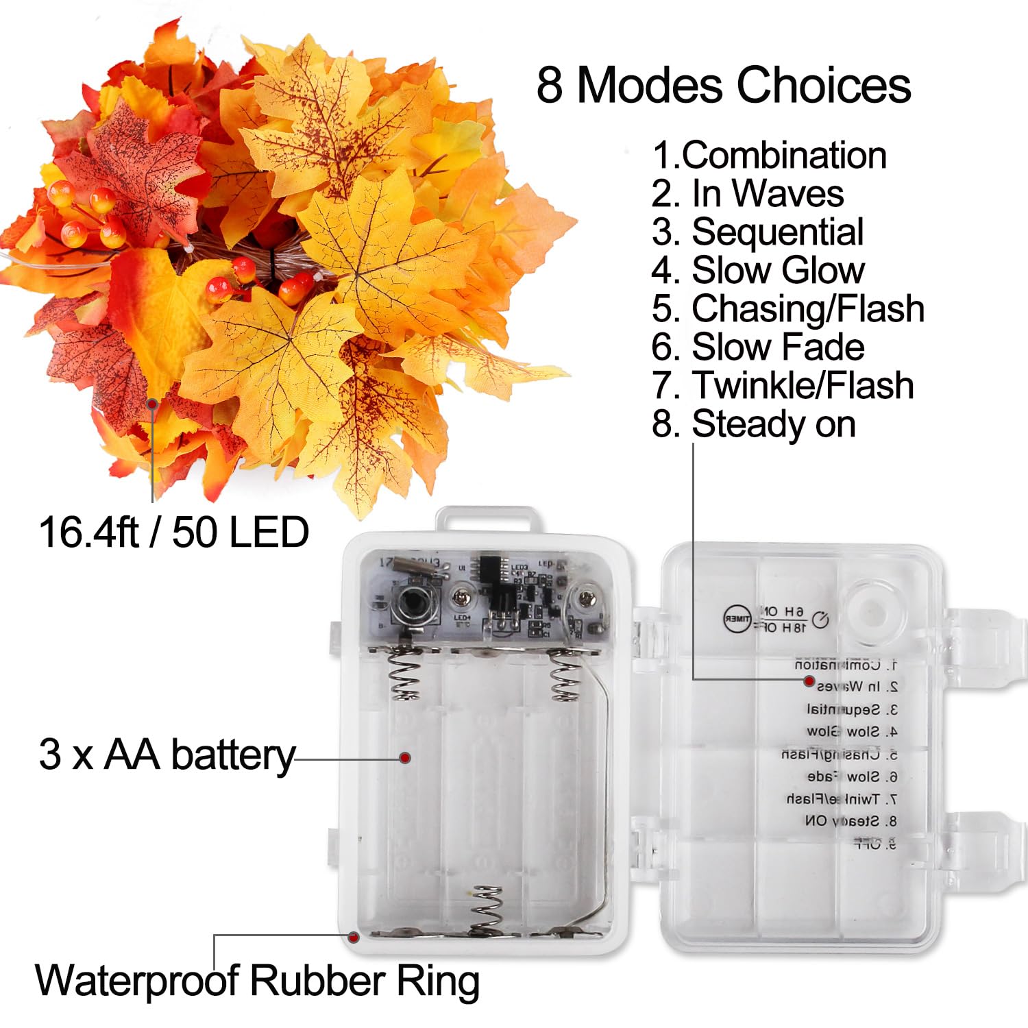 Thanksgiving Decorations Fall Garland String Lights With Timer And Remote, 50 Led 16.4Ft Lighted Autumn Leaves Garlands Decor, Battery Operated Fall Lights For Home Decoration Party Indoor Mantle