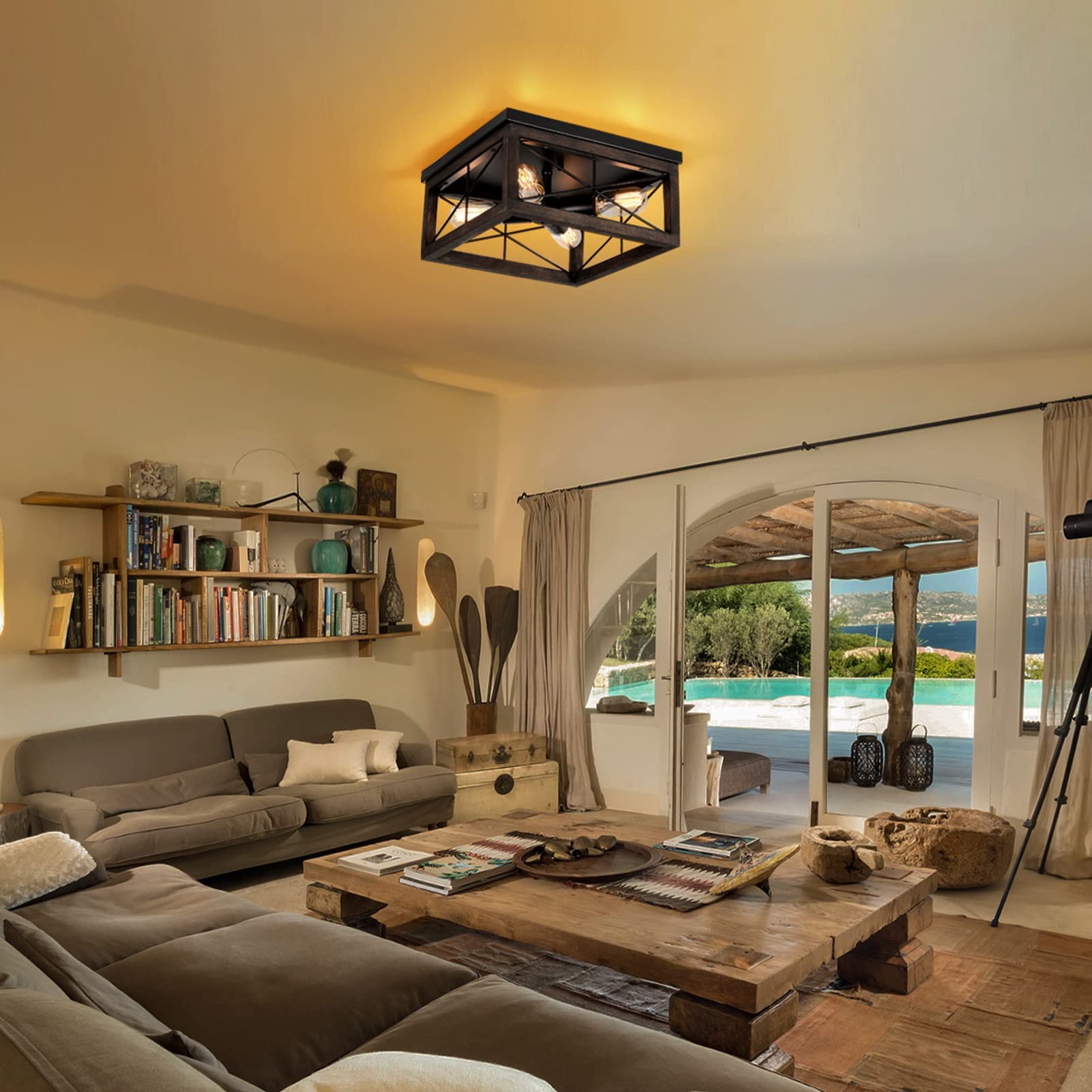 Eyassi Wooden Flush Mount Ceiling Light, 4-Light Rustic Farmhouse Light Fixtures, Industrial Square Ceiling Light Fixture With E26 Socket For Kitchen Entryway Living Room Dining Room Bedroom