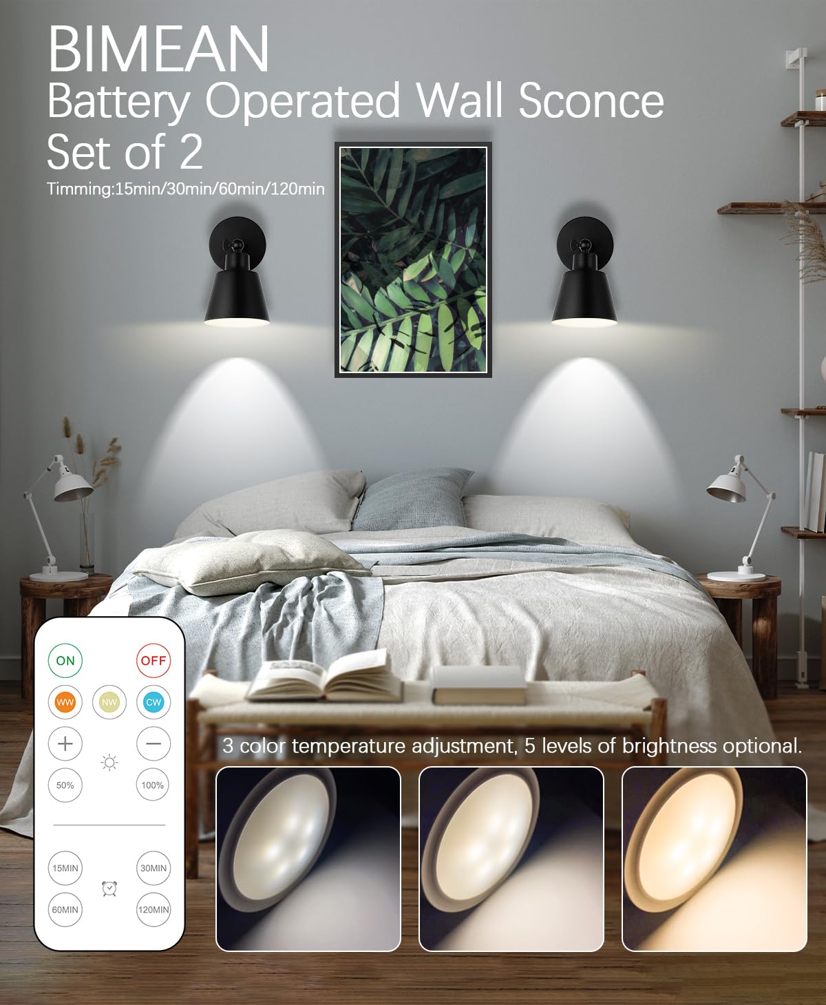 Bimean Black Battery Operated Wall Sconce Set Of 3, Easy To Install Wireless Lights For Wall, Remote Control Dimmable Led Lights
