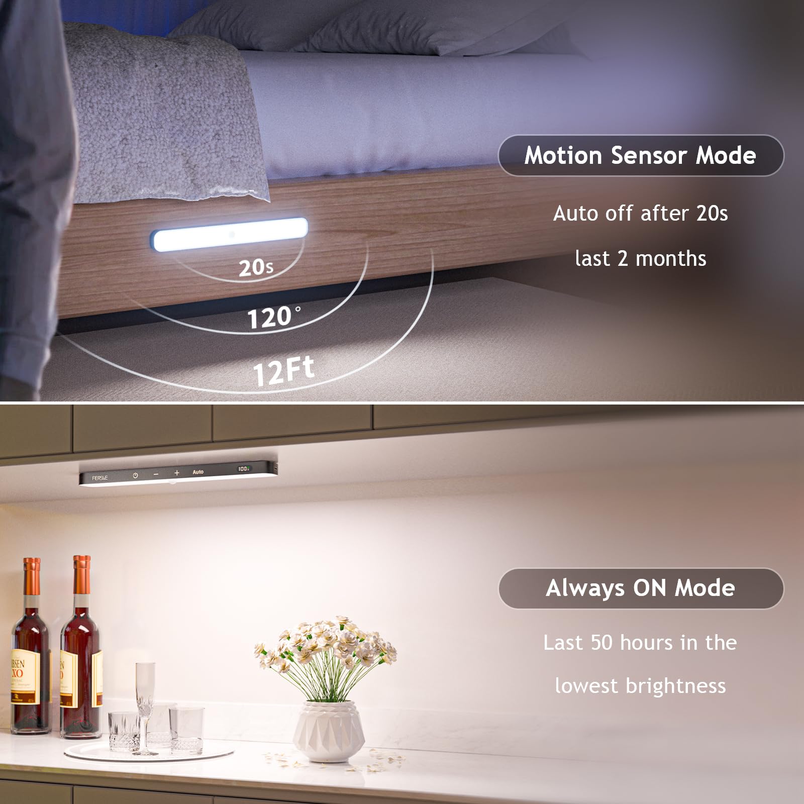 Ferswe Under Cabinet Lights 60 LED Motion Sensor Dimmable Touch Control 2 Pack Cool White 6000K Model F-MS1