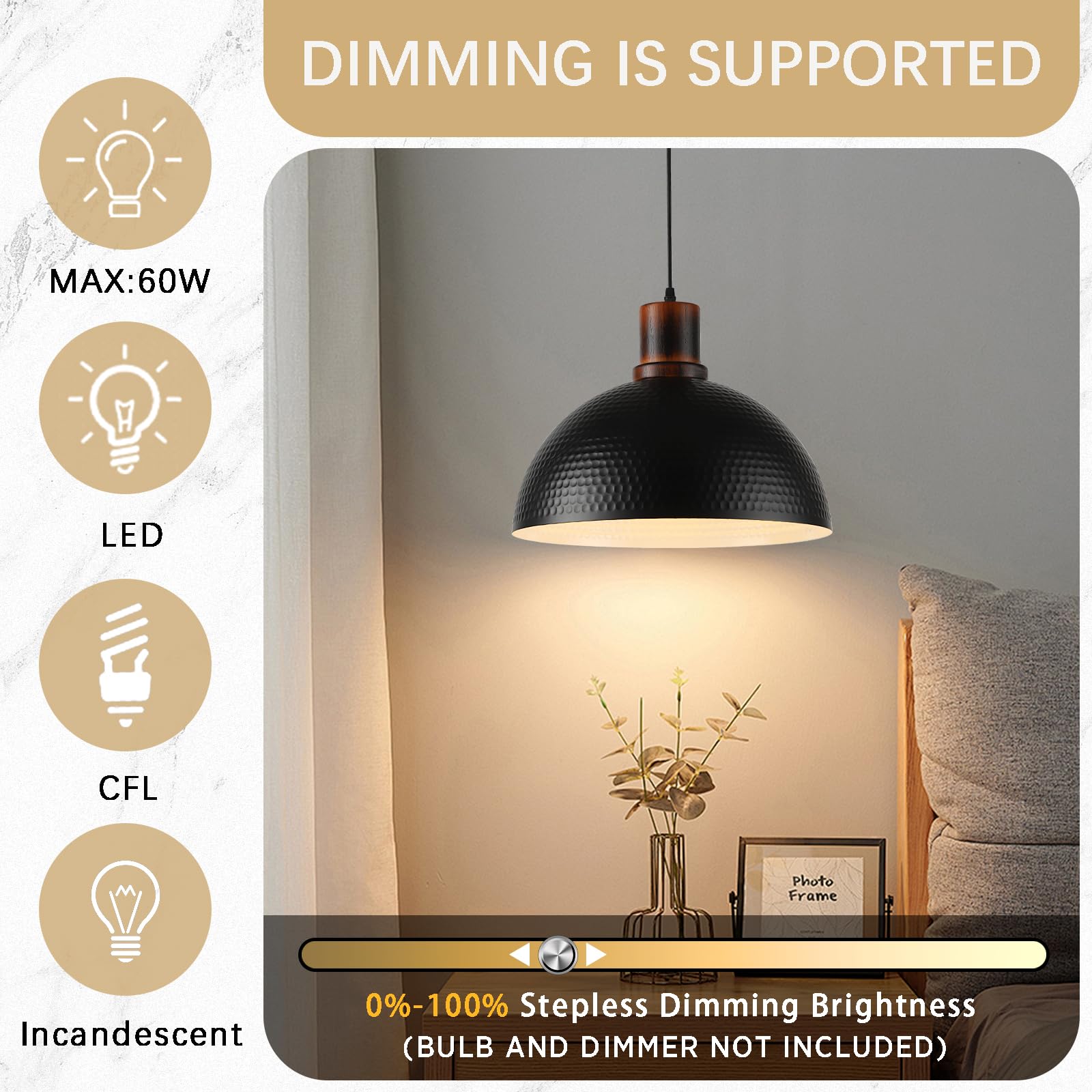 Mgcanyu 2 Pack Solid Wood Pendant Lights, 16" Black Metal Dome Ceiling Fixture for Kitchen Island, Farmhouse Dining Room