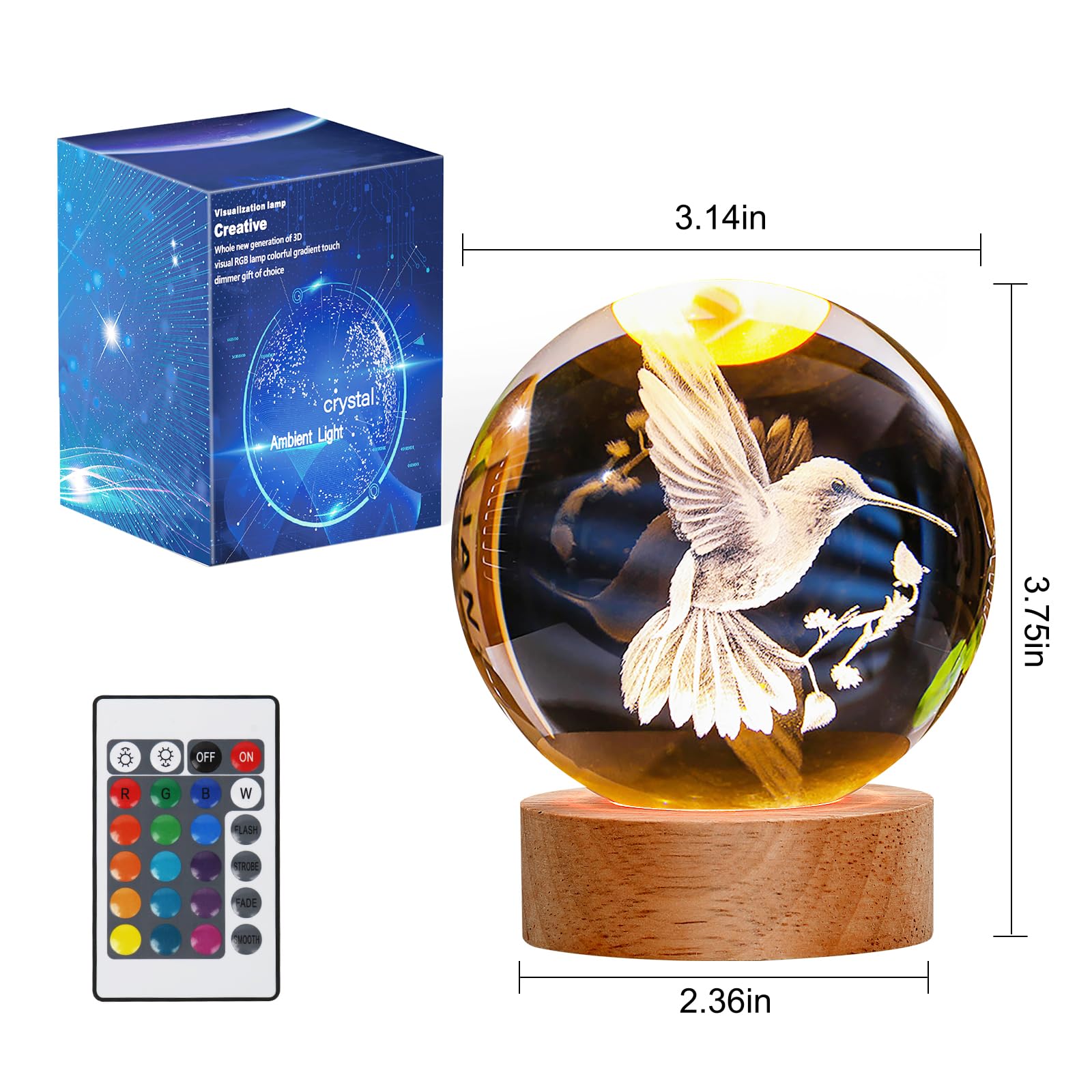 JANARARY 3D Bird Lamp - Crystal Night Light, 16 Color Changing with Remote, Perfect for Bedroom Decor, Model: MS-CrystalBallBird