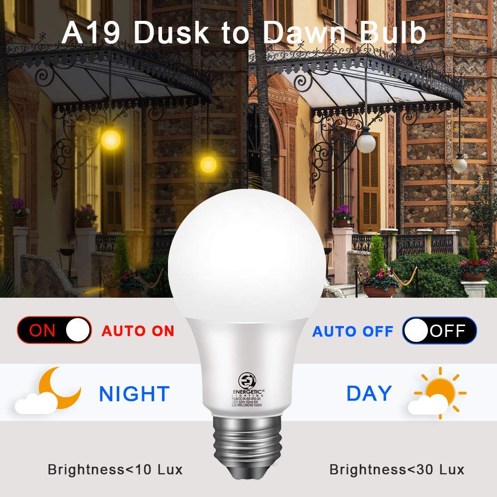 E ENERGETIC LIGHTING Dusk to Dawn LED Light Bulb, 60W Equivalent, 4-Pack, Warm White 3000K, E26 Base, ETL Listed