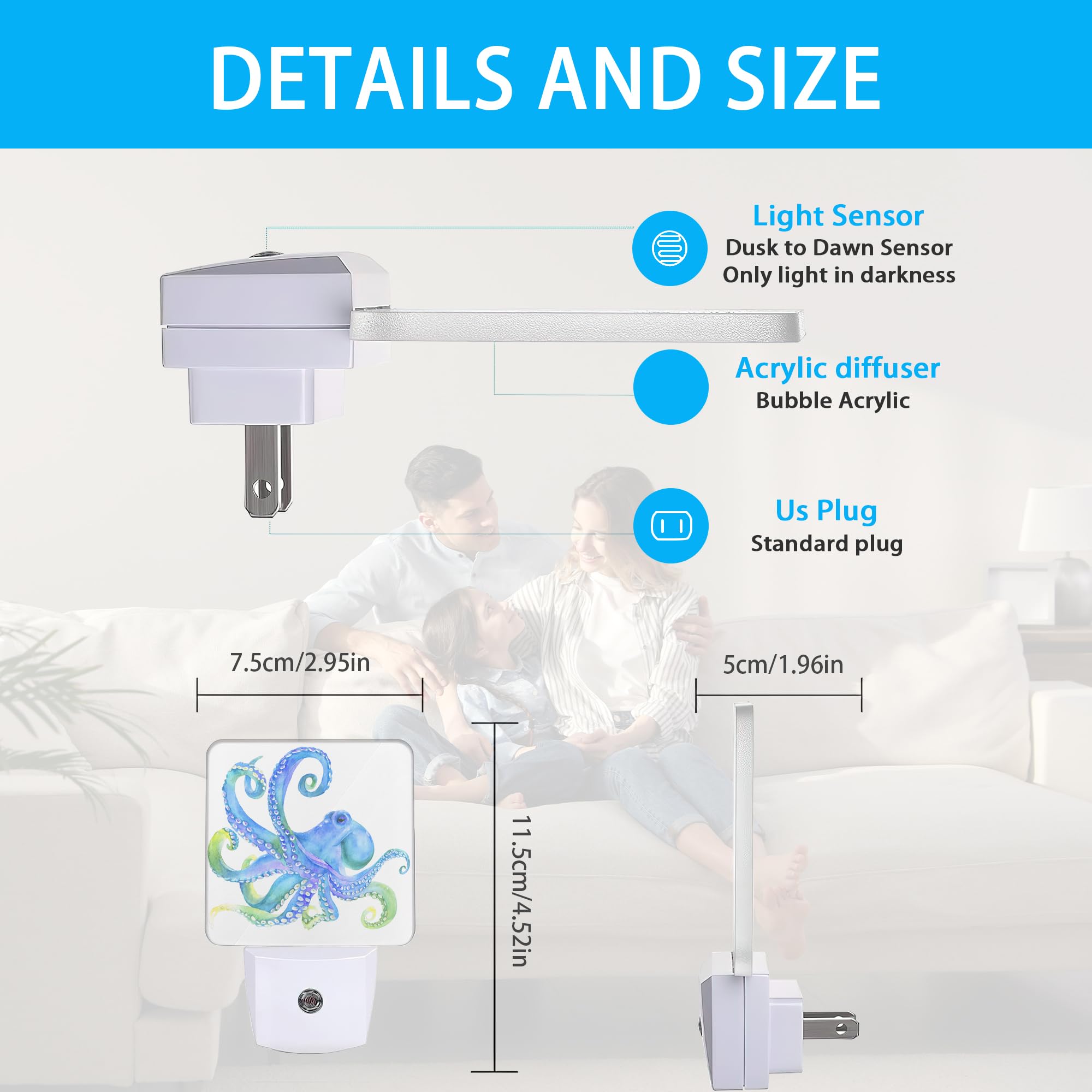 Meikosks Night Lights Plug Into Wall Blue Octopus Night Lights Dusk To Dawn Sensor Led Lamp For Women Men,Led Lights For Stairwa