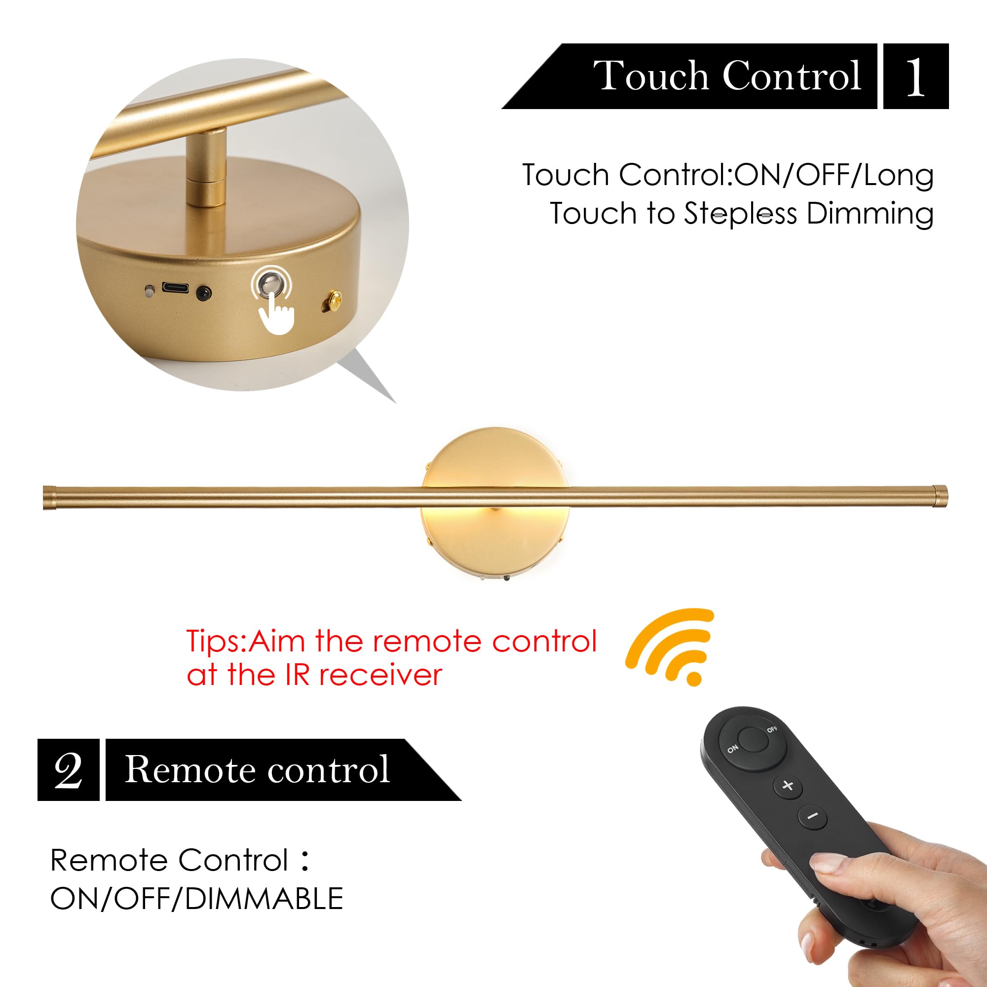 Kartoosh Battery Operated Wall Sconces With Remote Control, Dimmable Wall Sconces Set Of Two, 350Rotate, 3000K Led Gold Wireless