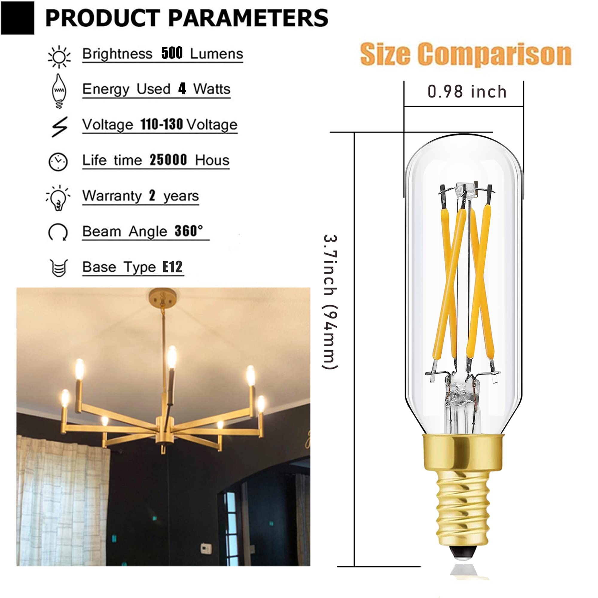Dimmable T6 Led Bulbs, 4W E12 Edison Light Bulbs Soft White 3000K,500Lm, 40W Candelabra Incandescent Bulbs Equivalent Vintage Le