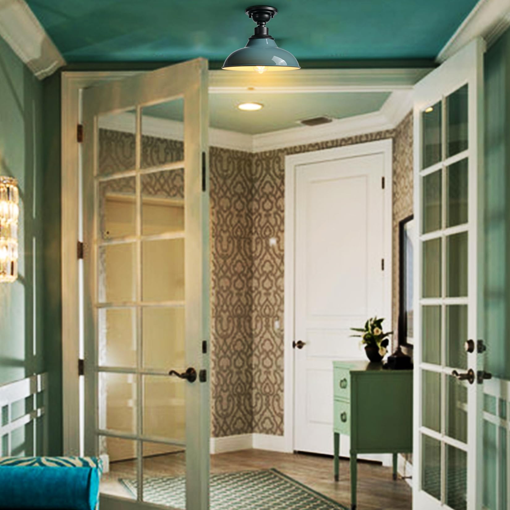 SAMTEEN Farmhouse Semi Flush Ceiling Light 12-Inch Light Blue Flush Mount Barn Ceiling Light Industrial Barn Light Fixture Ceili