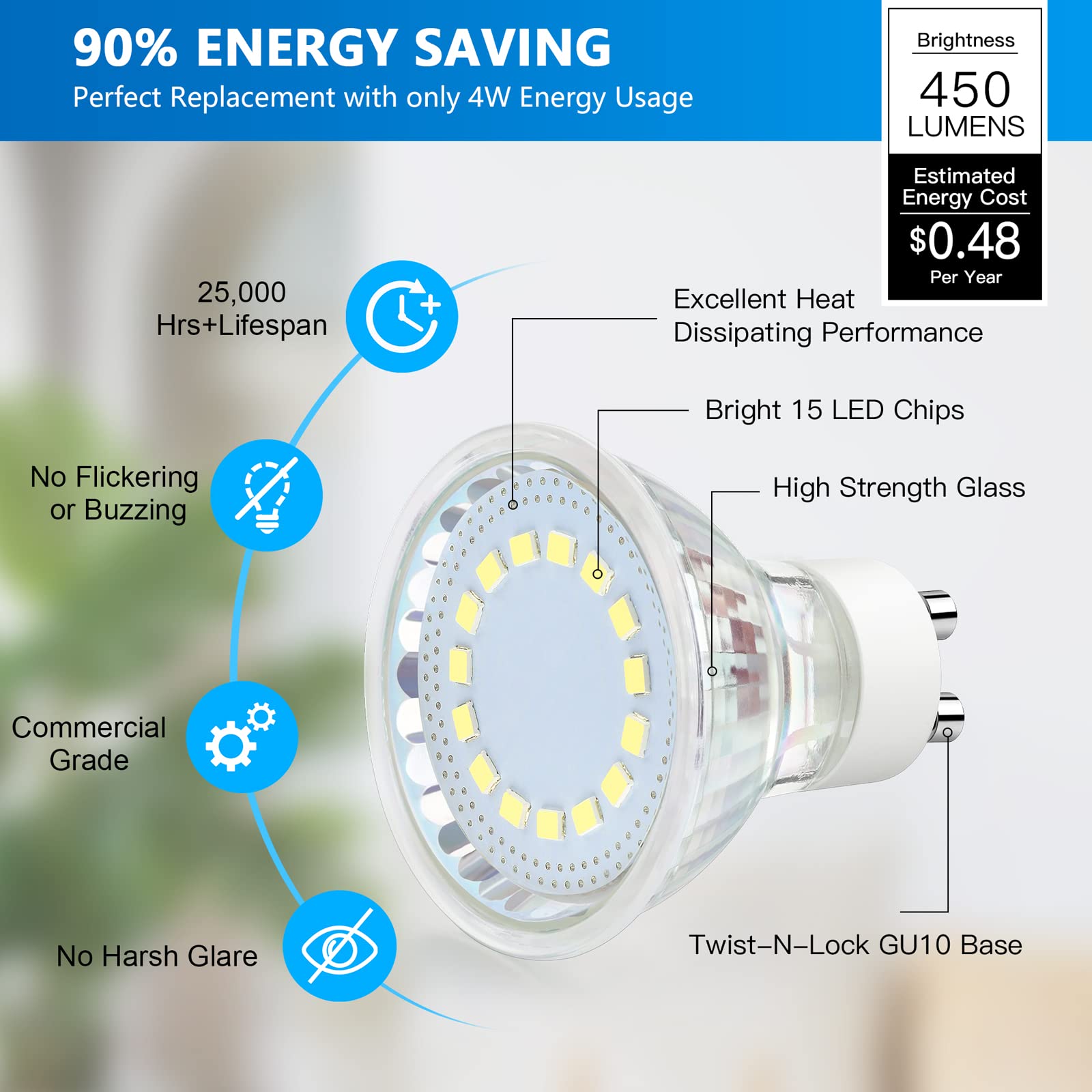 Maylaywood Gu10 Led Light Bulbs, 50 Watt Halogen Equivalent, 6000K Cool White, Non-Dimmable, 450Lm, 4W Replacement Recessed Trac