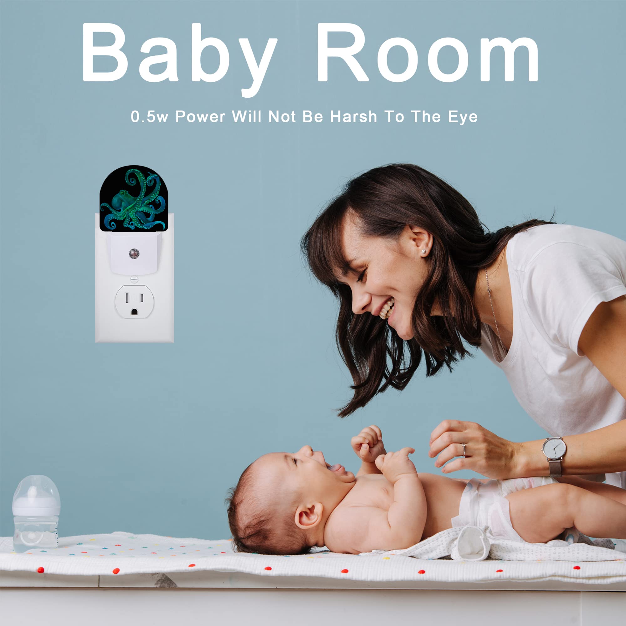 Aowula Green Octopus Night Light,Fish Sea Life Plug-In Wall Led Night Lights Decor For Boys Girls Room,Dusk To Dawn Sensor Wall