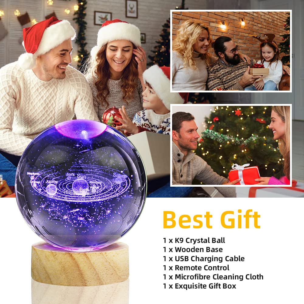 3D Solar System Crystal Ball Night Light With 16 Color Led Wooden Base, Upgraded 3.15 Inch Galaxy Planets Glass Ball Lamps With