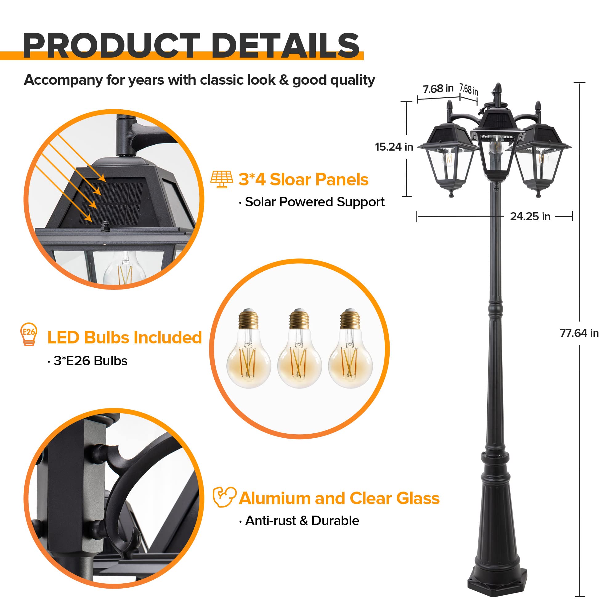 LUTEC Outdoor Solar Post Light, 600 Lumen, Dusk to Dawn, Waterproof, Black, Aluminum, Model 6940401012, 3 Trapezoid Head+Post