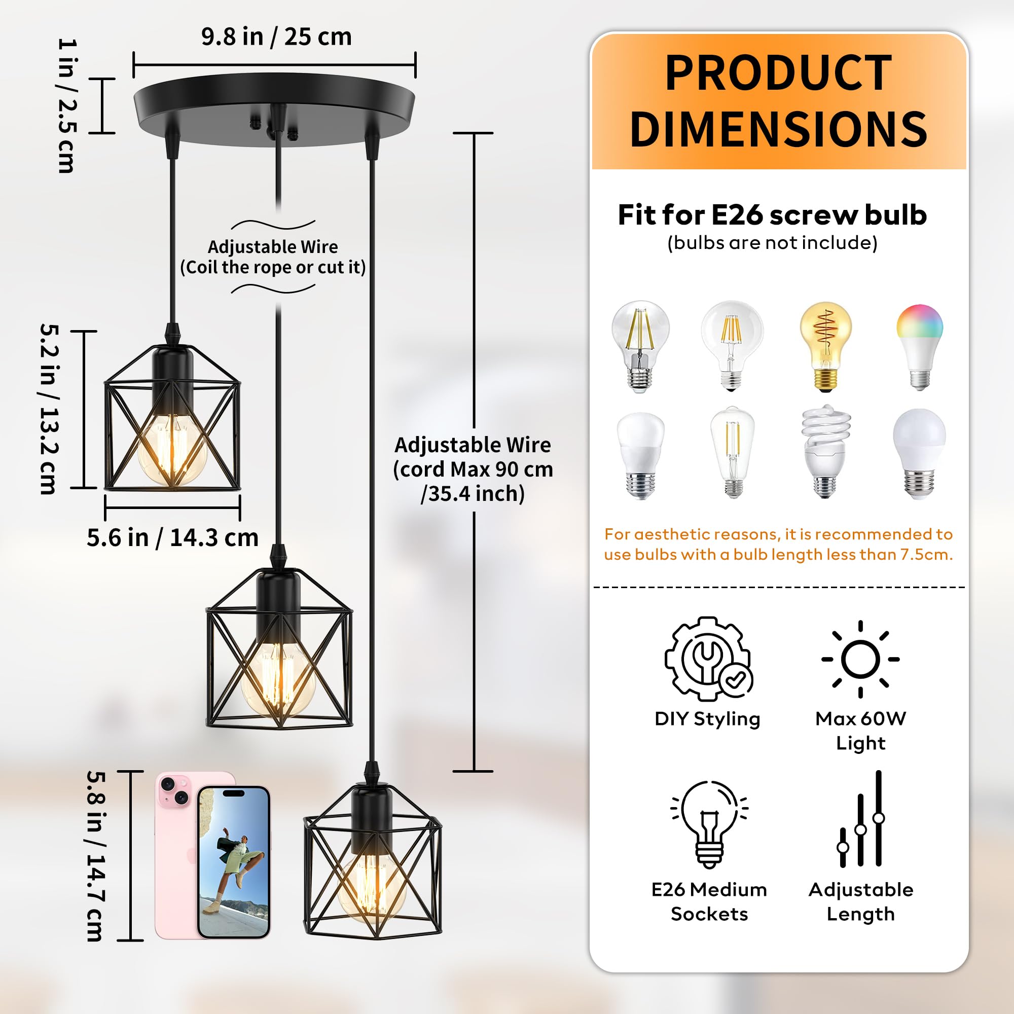 Phaosio 3-Light Pendant Lighting, Adjustable Matte Black Metal Fixture for Kitchen Island & Dining Room, Model Posi06